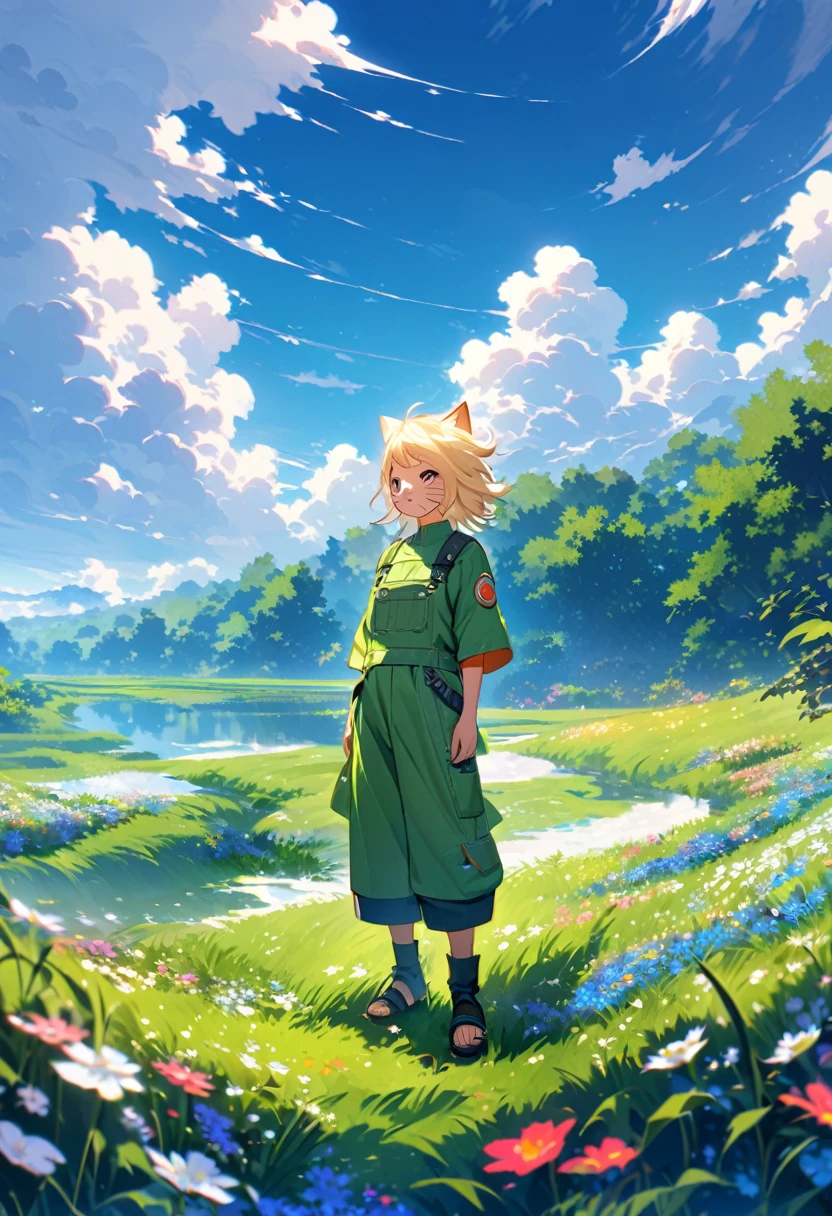 Create a digital artwork of naruto standing in a lush, open field under a vibrant blue sky filled with scattered, fluffy white clouds. The character should have spiky blond hair, wear a green jacket, and display distinctive facial markings similar to whiskers. The scene should convey a sense of tranquility and reflection, with the character gazing thoughtfully into the distance. The overall style should be colorful and bright, capturing the essence of a serene, sunny day with a slight breeze gently moving the grass and wildflowers.