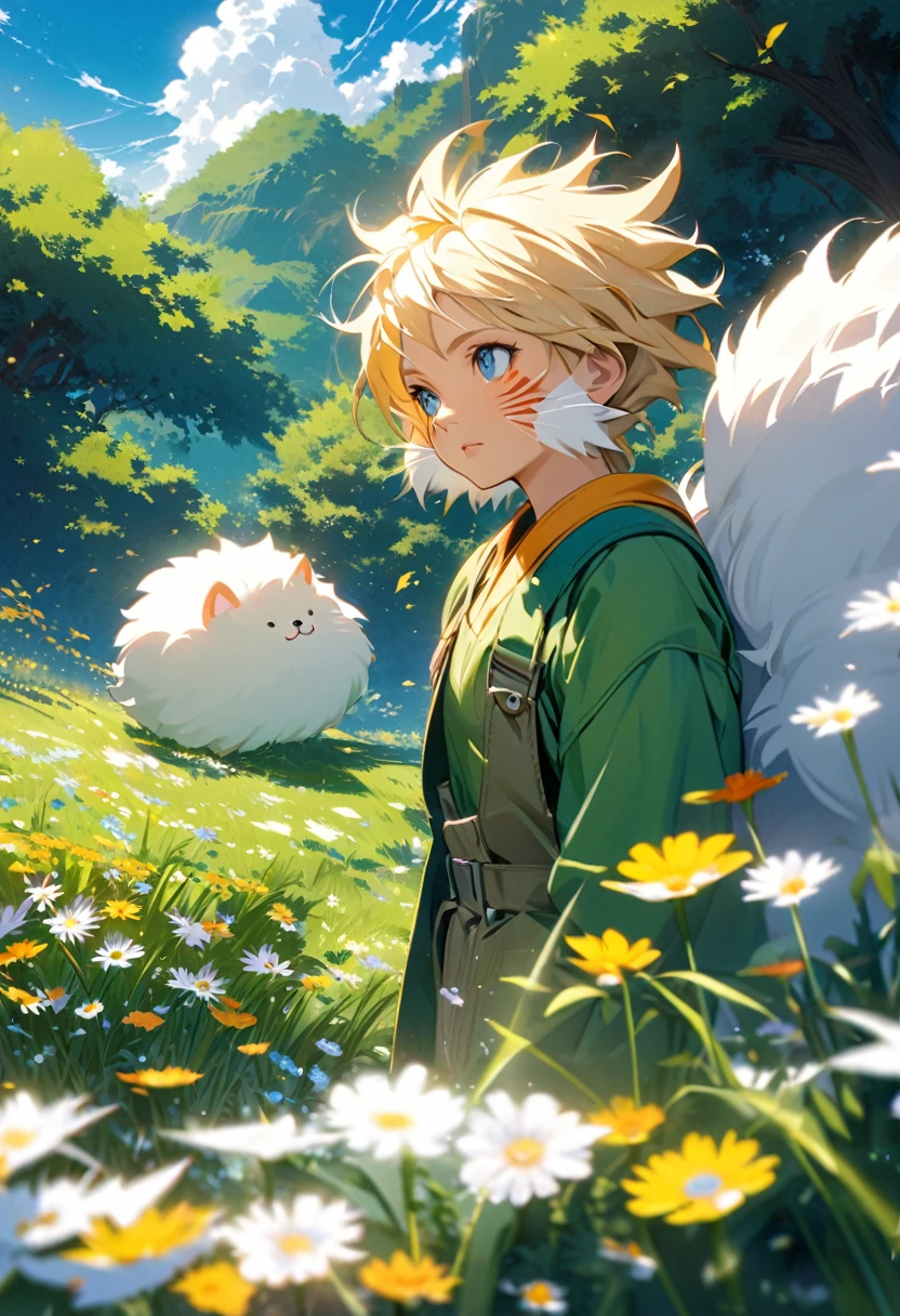 Create a digital artwork of naruto standing in a lush, open field under a vibrant blue sky filled with scattered, fluffy white clouds. The character should have spiky blond hair, wear a green jacket, and display distinctive facial markings similar to whiskers. The scene should convey a sense of tranquility and reflection, with the character gazing thoughtfully into the distance. The overall style should be colorful and bright, capturing the essence of a serene, sunny day with a slight breeze gently moving the grass and wildflowers.