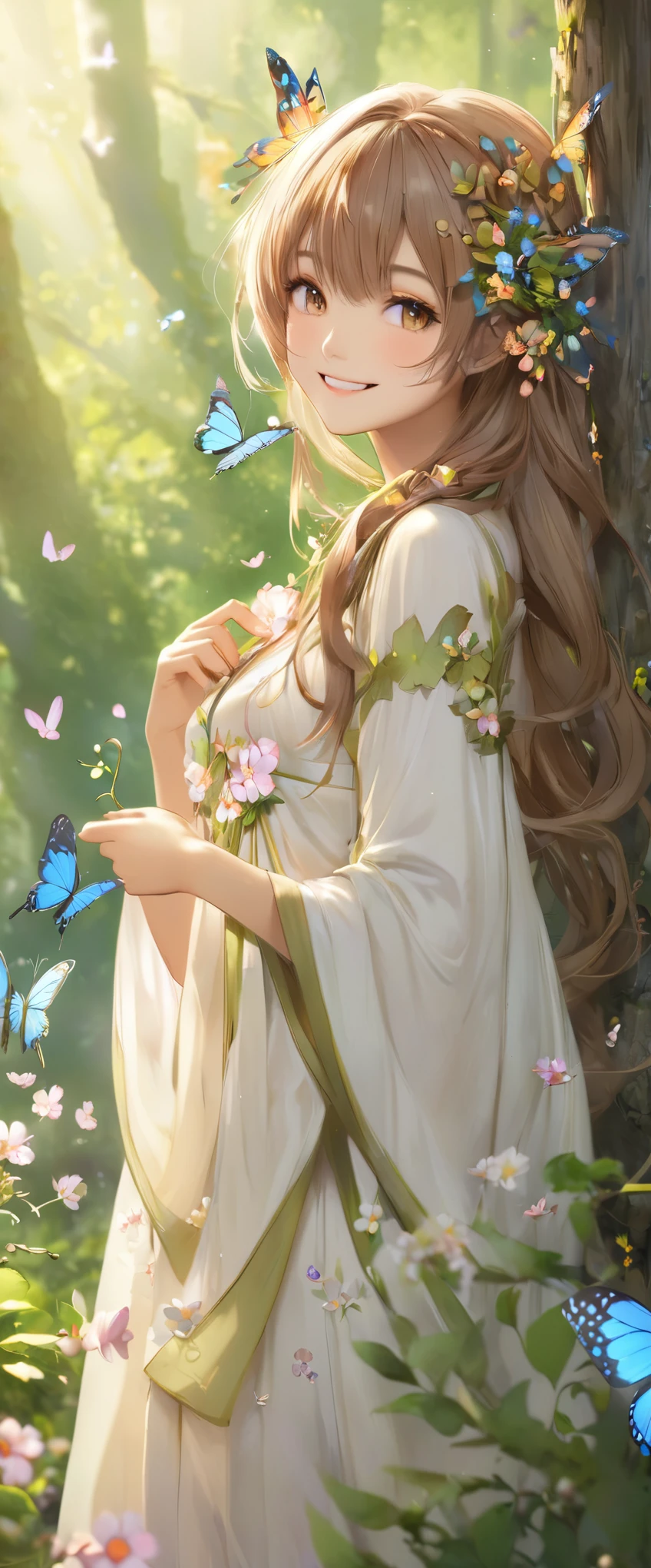 A girl, Dryad, Wood hair, Butterfly、petal、Smile