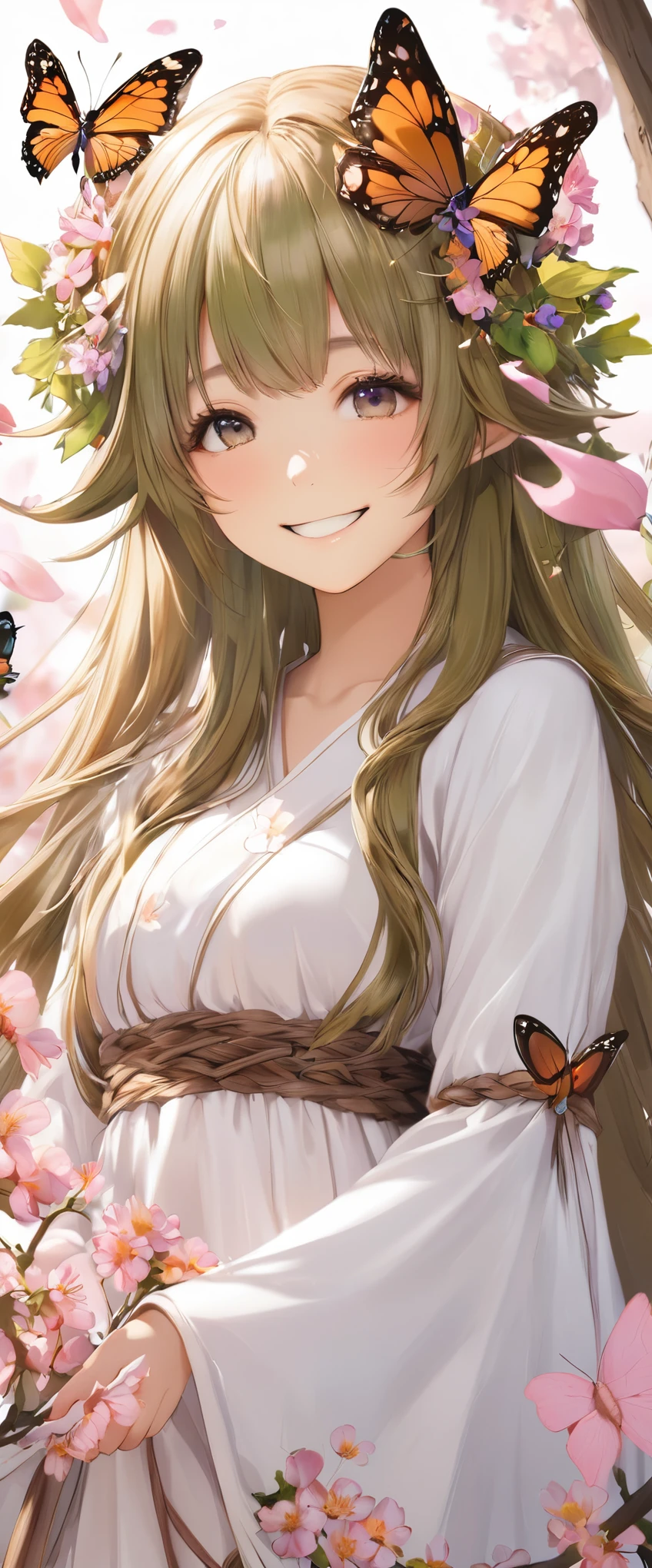 A girl, Dryad, Wood hair, Butterfly、petal、Smile