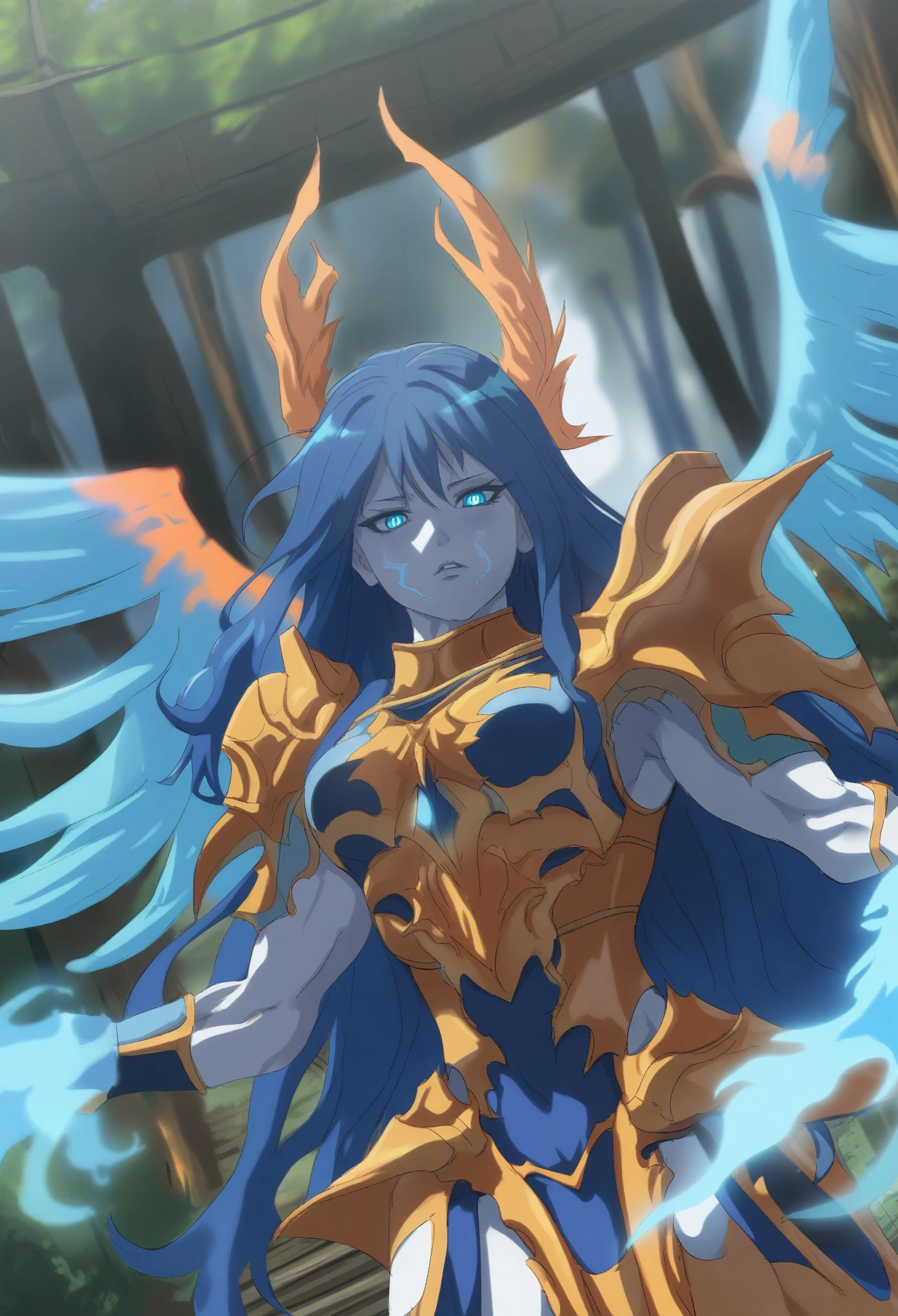 {{portrait, dutch angle}} {{Artist: Sincos}} 1girl, solo, toned female, mature female, medium breasts, blue hair, long hair, white skin, muscular, blue fire, blue eyes, sharp eyes, full lips, fire armour, blue fire armor, wings, blue wings, phoenix wings, phoenix, fire powers, modern day, outdoors forest, on train, train tracks, looking at viewer, standing, sunny, day