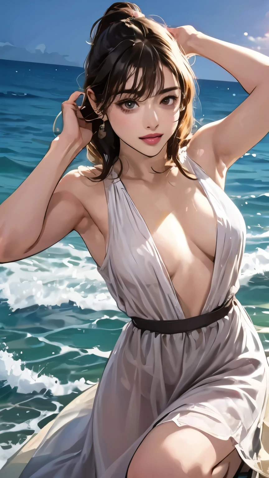 (Highest quality,4K,8k,High resolution,masterpiece:1.2),Very detailed,(Realistic,photoRealistic,photo-Realistic:1.37), Japanese women, Beautiful and delicate hazel eyes, Beautiful lip detail, Black Stockings, High heels, Strike a sensual pose for a photo, Hawaii Beaches, Enchanting atmosphere, Sensual look, Excellent Makeup, (short hair), (ponytail), (Neat bangs:1.posed :1.5)), (()), ((Exposed shoulders:1.5)), ((Firm and shapely C cup )), ((Both arms behind the head:1.4)), Captivating Gaze, A confident and attractive demeanor, Vibrant colors, Smooth and flawless skin, Captivating aura, Captivating curves, Provocative pose, Soft Shadows, Enchanting atmosphere.