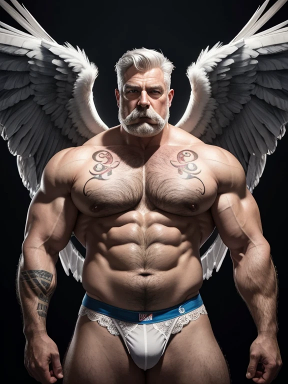 Hyperrealistic image of a gray-haired Norwegian superhero burlesque dancer with two huge symmetrical macaw wings very old and very sweaty bodybuilder over 80 years old very muscular and fat weighing over 200 kilos with a bare torso large and flaccid pectorals brown nipples and big mustaches grays with huge tattooed arms dressed in white lace lingerie in a burlesque stage