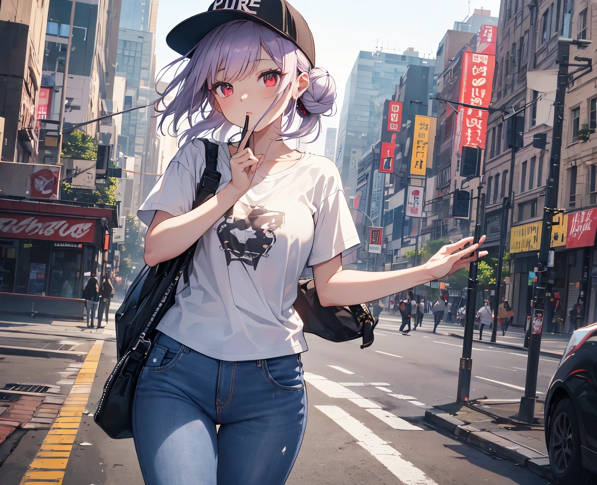 (Close-up:1.3),Realistic,Highest quality, Super detailed, High-quality CG rendering, The most delicate and beautiful, Floating softly, High resolution, (1 girl), (Highest quality,4K,8k,masterpiece:1.2), Light purple hair,(Hair in a bun:1.5),Red eyes,(Pure white oversized short sleeve T-shirt:1.3),(Black skinny jeans:1.3),(Pure white baseball cap:1.3),In the city,old buildings,(Are standing:1.2)