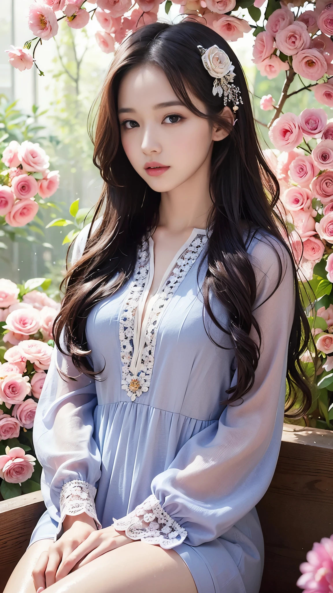 (masterpiece, best quality, best quality, official art, beauty and aesthetics: 1.2), (1 girl: 1.3), very detailed, (fractal art: 1.1), (color: 1.1) (flowers: 1.3), most detailed, long wavy hair, up to the knees, eyes looking at camera, perfect eyes, (wet skin), 