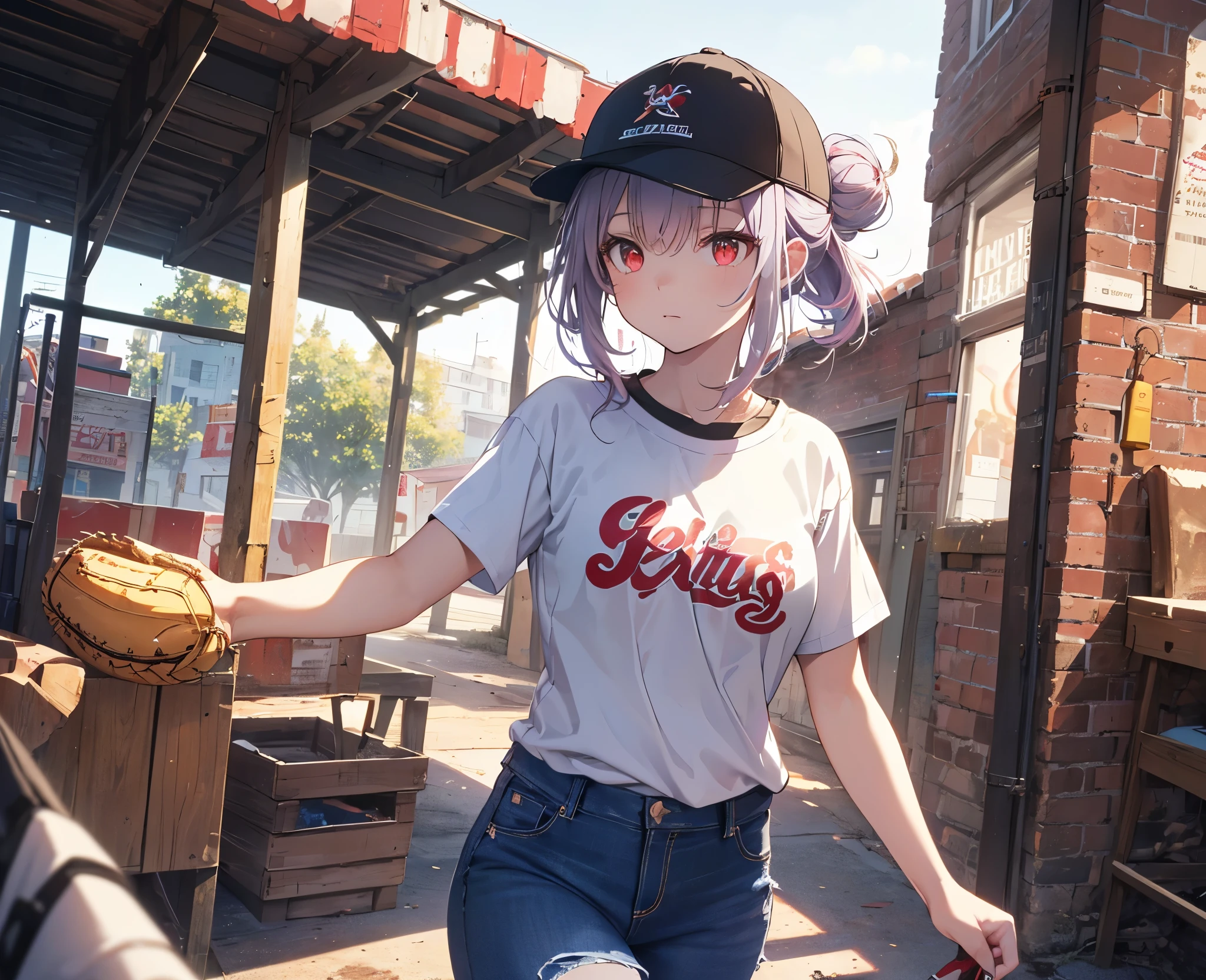 (Close-up:1.3),Realistic,Highest quality, Super detailed, High-quality CG rendering, The most delicate and beautiful, Floating softly, High resolution, (1 girl), (Highest quality,4K,8k,masterpiece:1.2), Light purple hair,(Hair in a bun:1.5),Red eyes,(Pure white oversized short sleeve T-shirt:1.3),(Black skinny jeans:1.3),(Pure white baseball cap:1.3),In the city,old buildings,(Are standing:1.2)