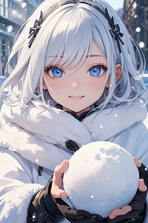 A woman with silver bob hair and blue eyes,Fluffy coat, Wear warm clothes, gazing condescendingly at the viewer with a cute grinning expression, extremely detailed and realistic, masterpiece quality, ultra-detailed, HDR, studio lighting, vivid colors, physically-based rendering,  In the snow、Looking to the side, playing in the snow, Throw a snowball at me