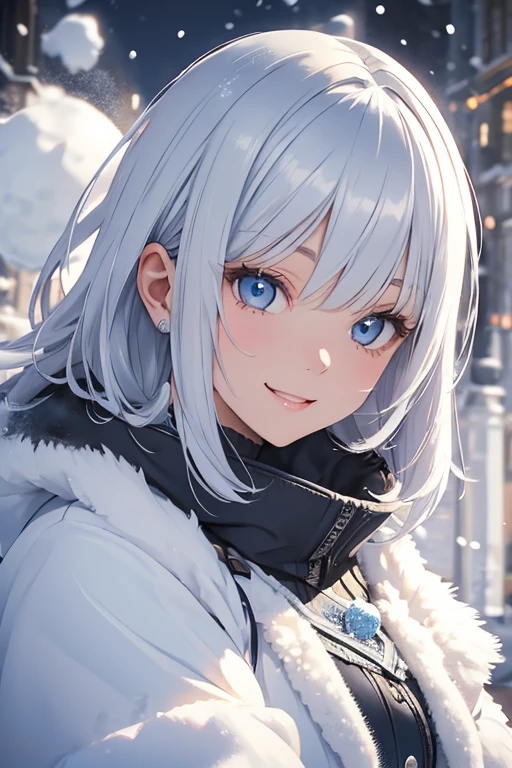 A woman with silver bob hair and blue eyes,Fluffy coat, Wear warm clothes, gazing condescendingly at the viewer with a cute grinning expression, extremely detailed and realistic, masterpiece quality, ultra-detailed, HDR, studio lighting, vivid colors, physically-based rendering, In the snow、Looking to the side, playing in the snow, Throw a snowball at me