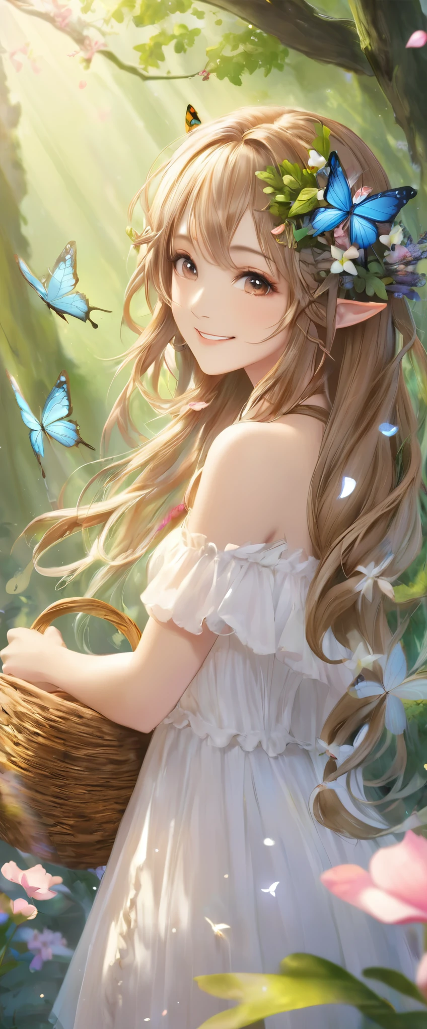 A girl, Dryad, Wood hair, Butterfly、petal、Smile