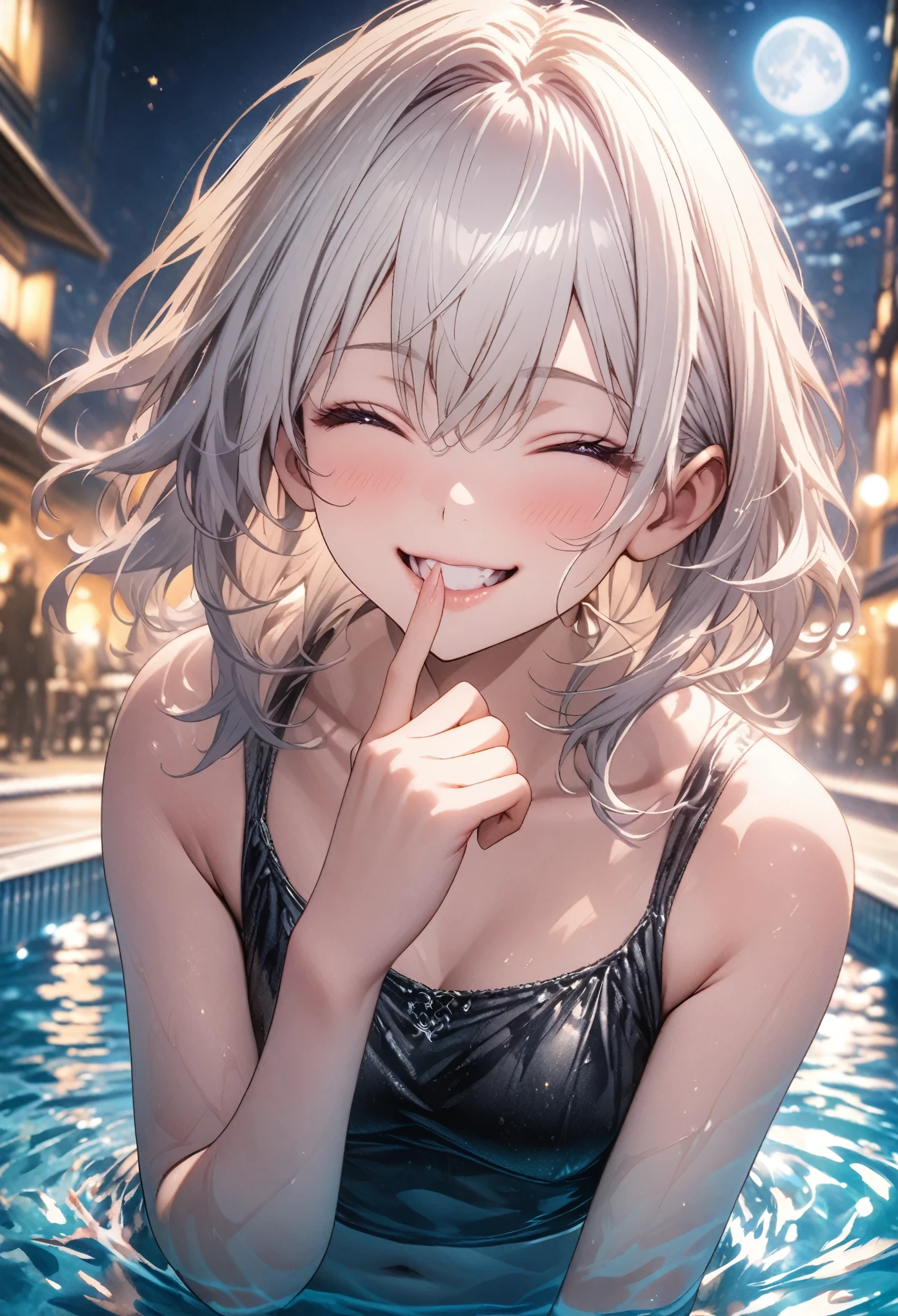 masterpiece, Highest quality, Highly detailed CG Unity 8k wallpaper, Realistic skin texture, Anatomical Hand, High School Girl Anime Illustration. Wear a black swimsuit、thumbs upのポーズをしている、she has her eyes closed and mouth open, smile. The background is a light pastel colored landscape., White hair color, Yellow Eyes, night, Neon light pool, illumination, Bokeh, full moon, shallow depth of field