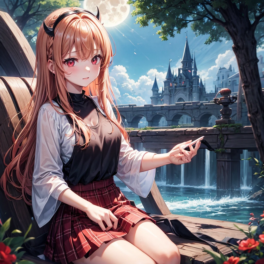 Red-blonde、Red eyes、One cute girl、solo、And soul、Light clothing、Checked mini skirt、petal、Wet hair、Sit on、black t-shirts、large tree、cloud、full moon、monster castle、lanthanum、Hell&#39;s Gate、Craft Gatekeeper、barefoot、Stones are piled up、Teeth are visible、Secret Treasure、Wooden chair、Wooden fence、Carrying a backpack、The marbles are rolling