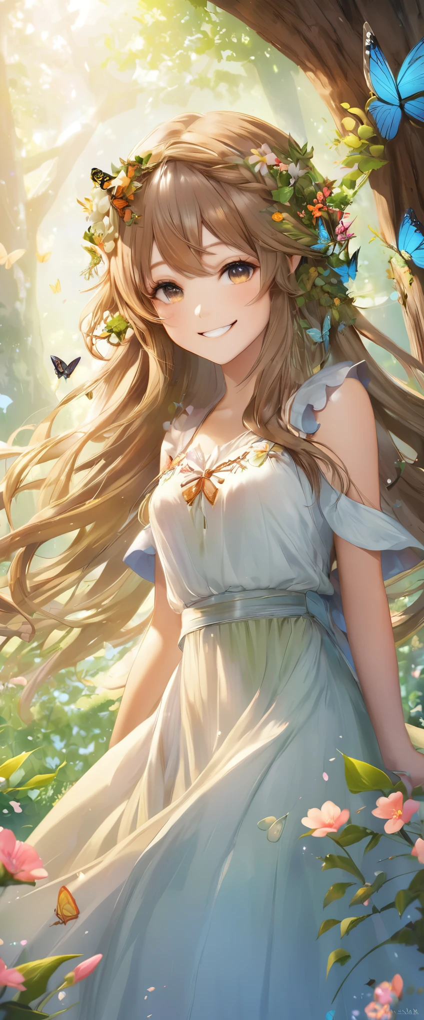 A girl, Dryad, Wood hair, Butterfly、petal、Smile