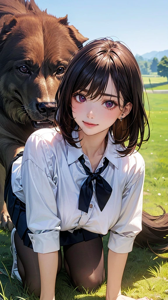 (masterpiece:1.2, top-quality), (realistic, photorealistic:1.4), beautiful illustration, (natural side lighting, movie lighting),
looking at viewer, 1 woman, japanese, 22 years old, high school teacher, perfect face, cute and symmetrical face, shiny skin, babyface,
(short hair, straight hair, dark brown hair), hair between eyes, dark purple eyes, (middle breasts, seductive thighs, big ass), piercings,
beautiful hair, beautiful face, beautiful detailed eyes, beautiful clavicle, beautiful body, beautiful chest, beautiful thigh, beautiful legs, beautiful fingers,
((navy tight skirt, white collared shirt), open shirt, black pantyhose), purple neck ribbon, ,
(beautiful scenery)In the grass in the meadow, ((girl on all fours)) A large dog is lying on its back.
Her face is bright red, her brow is furrowed, her mouth is open, and she looks delighted. Her large breasts and nipples are standing out, even through her shirt. The skirt is shorter than normal, but even shorter. The girl has brown hair.
(Very short skirt).
(Very short skirt).
She is wearing a very short skirt.