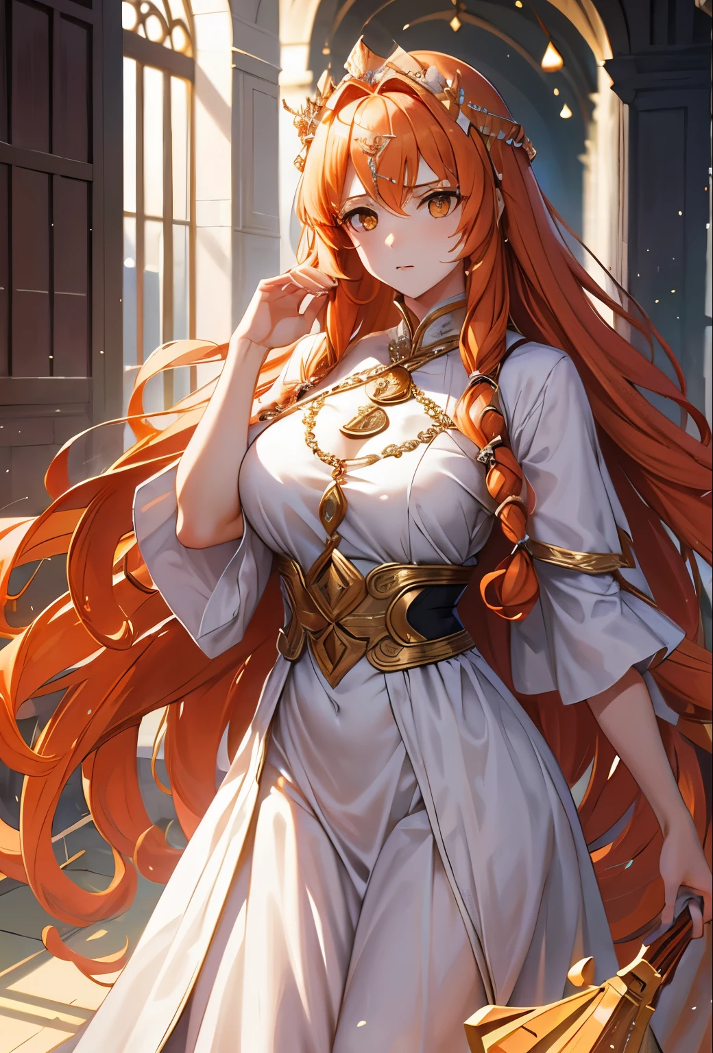 1 girl, hall room, queen hall, Frigg, norse myhology, white dress, long hair, ((curly hair)), crown of leave, orange hair, full boy, masterpiece, 4k, HD resolution, beautiful, standing, big breast, mommy, evil