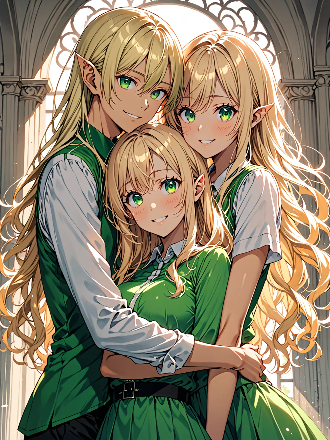 Elf, brother and sister, blonde, pointed ears, green eyes, light skin, fit, , hugging, looking at viewer, large breasts, long hair, sunny, yandere smile