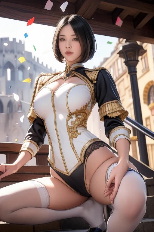 Highest quality, Official Art, masterpiece, Fabric Shading, High resolution, Very detailed, colorful, Best details, Fantasy, Combat Uniform:1.5, 1 female, Age 25, Black Hair, short hair, Up Bang Hair, One Length, Standing on the stairs, A castle town with an old castle view, sunny, Random Hair, Large Breasts, skinny, Surrounded by many people:1.9, Confetti falling, Blessed, welcome:1.5, Camel Toe:1.3, Ground level shot:,No stockings,No stockings,squatting, spread legs