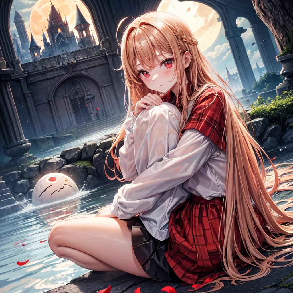 Red-blonde、Red eyes、One cute girl、solo、And soul、Light clothing、Checked mini skirt、petal、Wet hair、Sit on、black t-shirts、large tree、cloud、full moon、monster castle、lanthanum、Hell's Gate、Craft Gatekeeper、barefoot、Stones are piled up、Teeth are visible、Secret Treasure、Wooden chair、Wooden fence、The marbles are rolling
