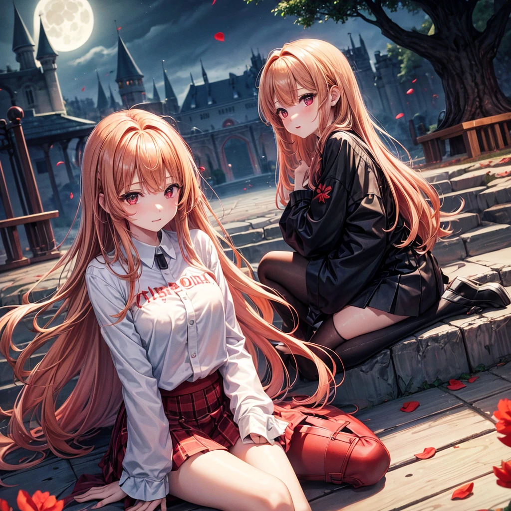 Red-blonde、Red eyes、One cute girl、solo、And soul、Light clothing、Checked mini skirt、petal、Wet hair、Sit on、black t-shirts、large tree、cloud、full moon、monster castle、lanthanum、Hell's Gate、Craft Gatekeeper、barefoot、Stones are piled up、Teeth are visible、Secret Treasure、Wooden chair、Wooden fence、The marbles are rolling