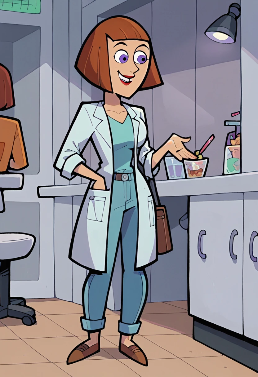 m_fenton, 1girl, solo, smile, auburn hair, bob cut, short hair, lipstick, purple eyes, makeup, smile, standing, breasts, stylized artstyle, cartoon,  jeans, brown shoes, blue t-shirt, white labcoat,