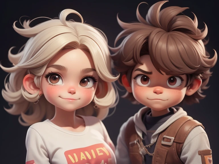 2 joyful people(1 guy and 1 girl), Brother and sister, Love, friendship, chubby, Brown eyes, very shaggy, tousled brown hair, White shirt and jeans, lace-up boots; whole body, Realistic skin, Realistic eyes, Same height, same appearance, different emotions, interaction, modern, High quality textures, very detailed, Anatomical Realism of Hands, Fantastic cutie, Funny, IP design, Clean 3D rendering of bright backgrounds, OC rendering, 8 K, мягкий focus, Ultra-Thin Glossy Detail --Air 3:6 50 --q 2 --niji 5 --expressive style --s 2