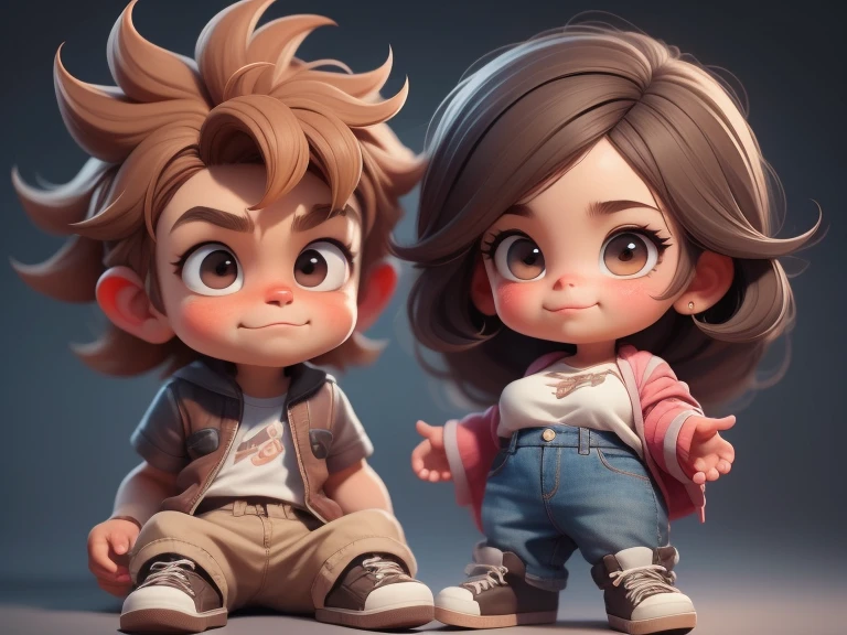 2 joyful people(1 guy and 1 girl), Brother and sister, Love, friendship, chubby, Brown eyes, very shaggy, tousled brown hair, White shirt and jeans, lace-up boots; whole body, Realistic skin, Realistic eyes, Same height, same appearance, different emotions, interaction, modern, High quality textures, very detailed, Anatomical Realism of Hands, Fantastic cutie, Funny, IP design, Clean 3D rendering of bright backgrounds, OC rendering, 8 K, мягкий focus, Ultra-Thin Glossy Detail --Air 3:6 50 --q 2 --niji 5 --expressive style --s 2