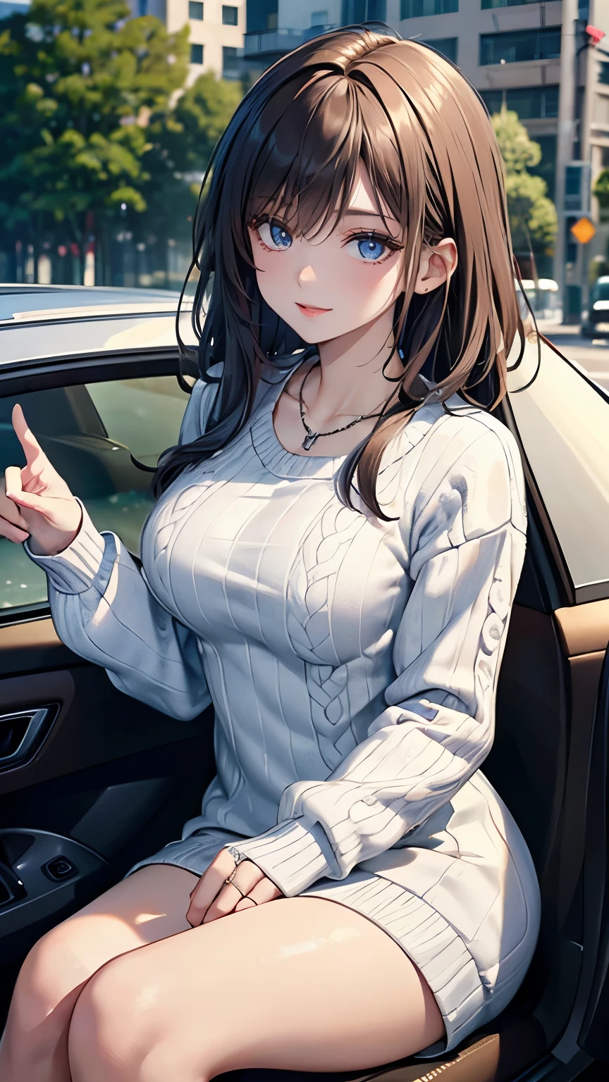 ((Highest quality, 8k, masterpiece:1.3)), concentrated:1.2, Perfect Body Beauty:1.4, Hips:1.2, ((Delicate hair)), (Sweater dress:1.1) , (sports car, street: 1.2), Highly detailed face and skin texture, Detailed eyes, double eyelid, Whitening skin, Big Breasts, smile, Put on a necklace, ring, A person sitting in a car with their butt up々,