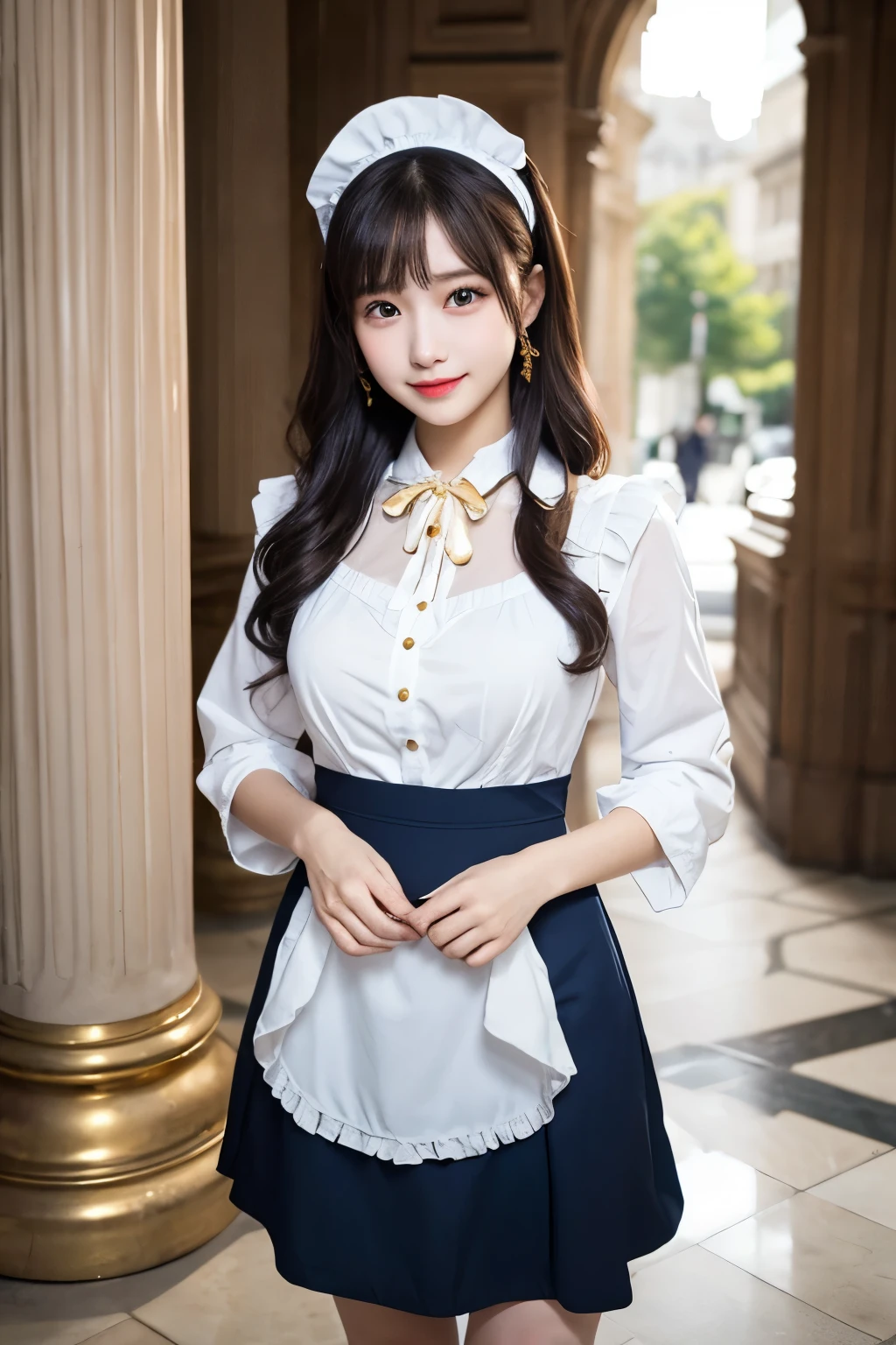 Detailed image of a young female character standing in a grand hall lined with marble columns。She has short, wavy blue hair、Has side fringe、Adorned with a white frilly headband and blue ribbon。Big blue eyes are kind、He has a slightly sad expression、There is a slight redness on the cheeks。She is wearing a classic maid outfit.、In a black puff sleeve dress、White apron with lace trim、And a blue ribbon on the neckline.。The apron has gold teardrop decorations.、It is secured by a thin gold chain。She is holding the skirt of her dress with one hand、It is lifted a little、Her other hand is delicately placed to touch the ribbon on her chest.。In the background there is a blurred white decorative building.、The soft, indirect lighting creates a calm and elegant atmosphere.。smile、Large Breasts、