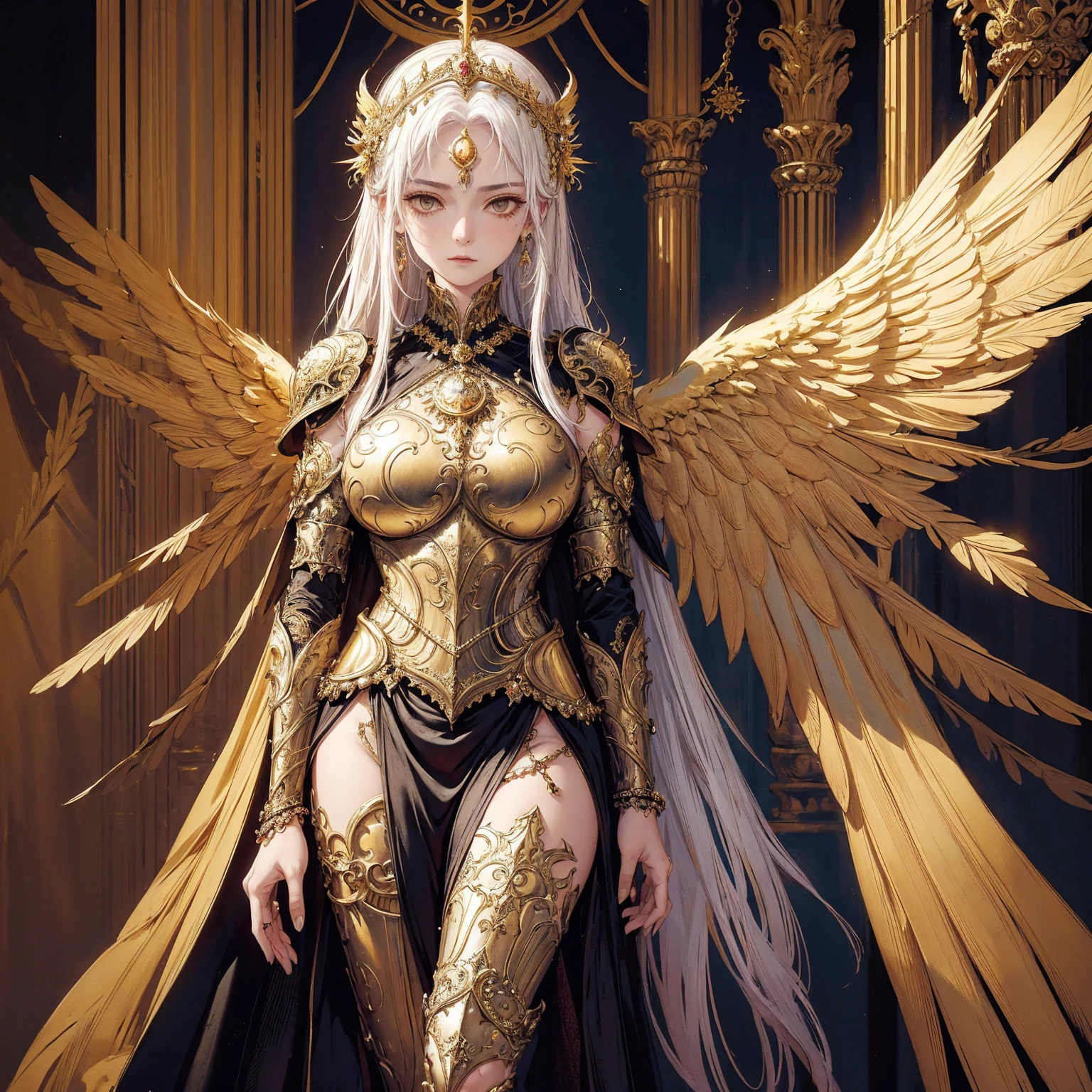 Art of elderly mature woman wearing sun crown, wearing ornate breastplate that exposes a small amount of skin above the chest, wearing golden long dress, an extremely-huge-size pair of armored angelic-wings spread out behind the woman, ancient goddess art, Sacredness. Very detailed, Mysterious inspiration, Inspiration from the Sun God, Religious inspiration, Cold and snobbish face, No smile, Dangerous impersonal expressions, White hair, Standing, Full body portrait, Gothic art style, Weird art style, Occult art