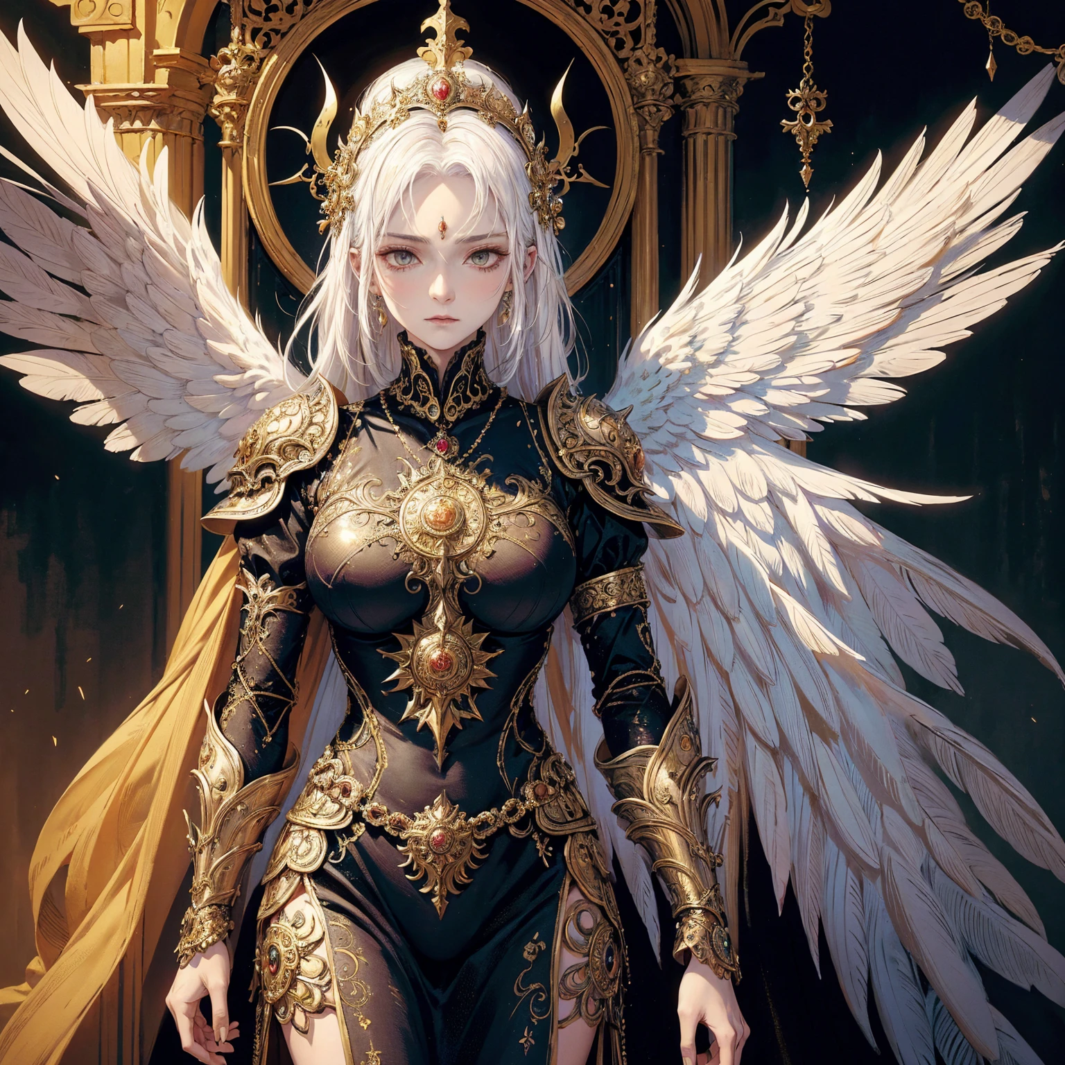 Art of elderly mature woman wearing sun crown, wearing ornate breastplate that exposes a small amount of skin above the chest, wearing golden long dress, an extremely-huge-size pair of armored angelic-wings spread out behind the woman, ancient goddess art, Sacredness. Very detailed, Mysterious inspiration, Inspiration from the Sun God, Religious inspiration, Cold and snobbish face, No smile, Dangerous impersonal expressions, White hair, Standing, Full body portrait, Gothic art style, Weird art style, Occult art
