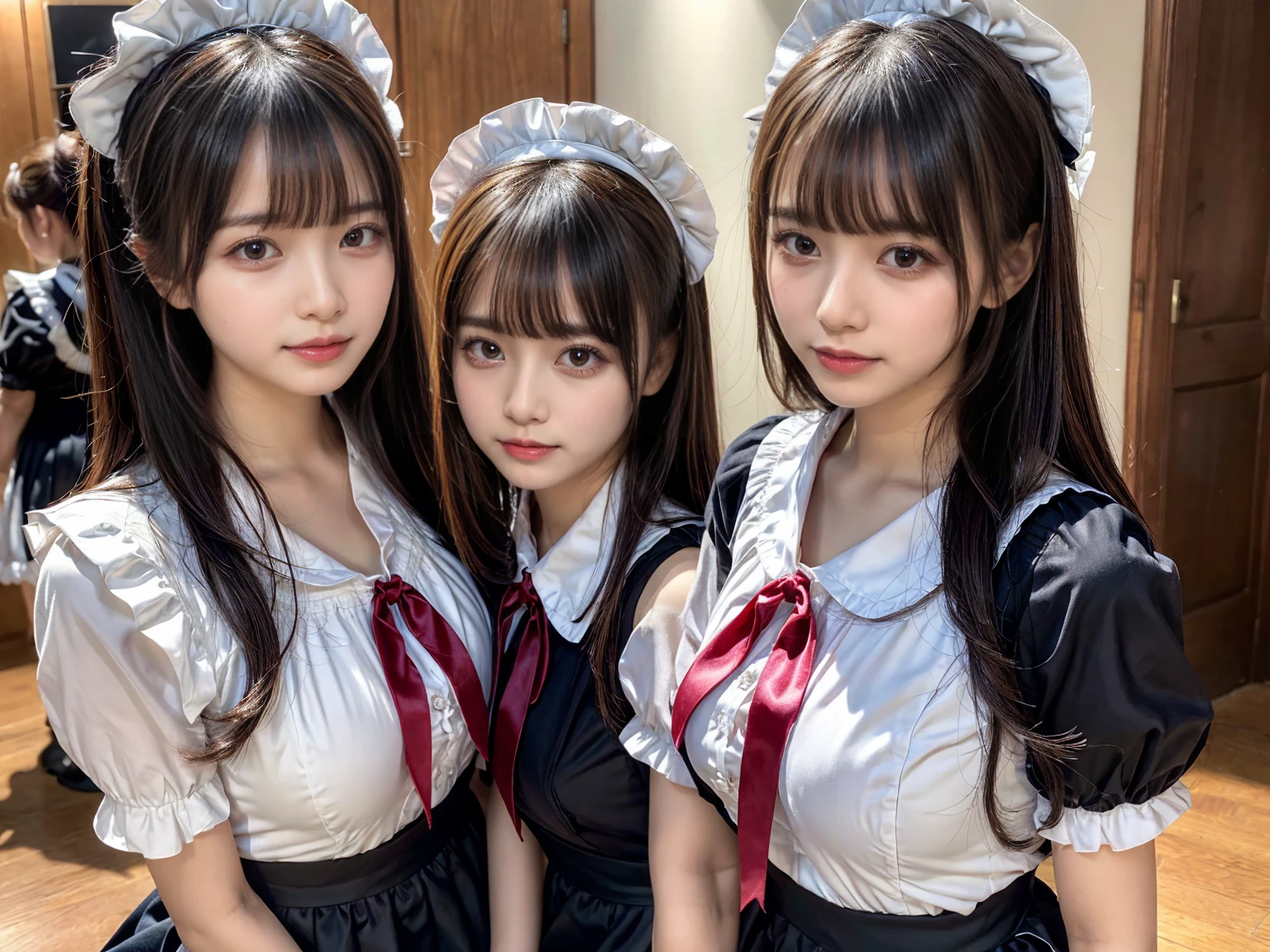 (2girls, twins:1.3), (beauty girls, delicate girls:1.3), (20 years old:1.3),
break, (cute maid uniform, ruffle blouse, pink ribbon tie, skirt:1.2),
break, (maid cafe:1.2),
break, very fine eyes, (symmetrical eyes:1.3),
break, (huge breasts:1.2), brown eyes, parted bangs, brown hair, Voluptuous things,
break, (eyes and faces with detailed:1.0),
break, (masterpiece, best quality, ultra detailed, detailed face, 8k)