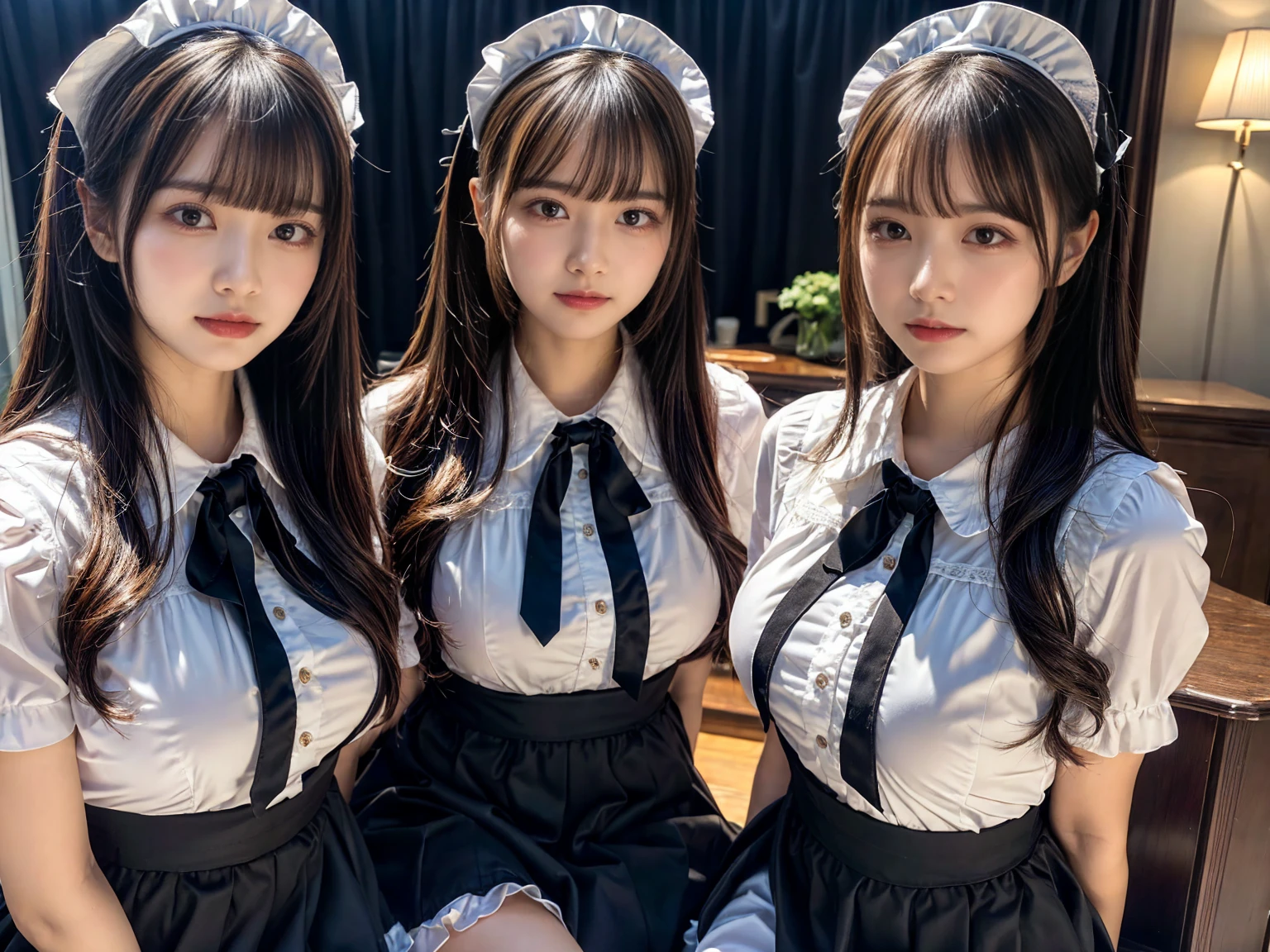 (2girls, twins:1.3), (beauty girls, delicate girls:1.3), (20 years old:1.3),
break, (cute maid uniform, ruffle blouse, pink ribbon tie, skirt:1.2),
break, (maid cafe:1.2),
break, very fine eyes, (symmetrical eyes:1.3),
break, (huge breasts:1.2), brown eyes, parted bangs, brown hair, Voluptuous things,
break, (eyes and faces with detailed:1.0),
break, (masterpiece, best quality, ultra detailed, detailed face, 8k)