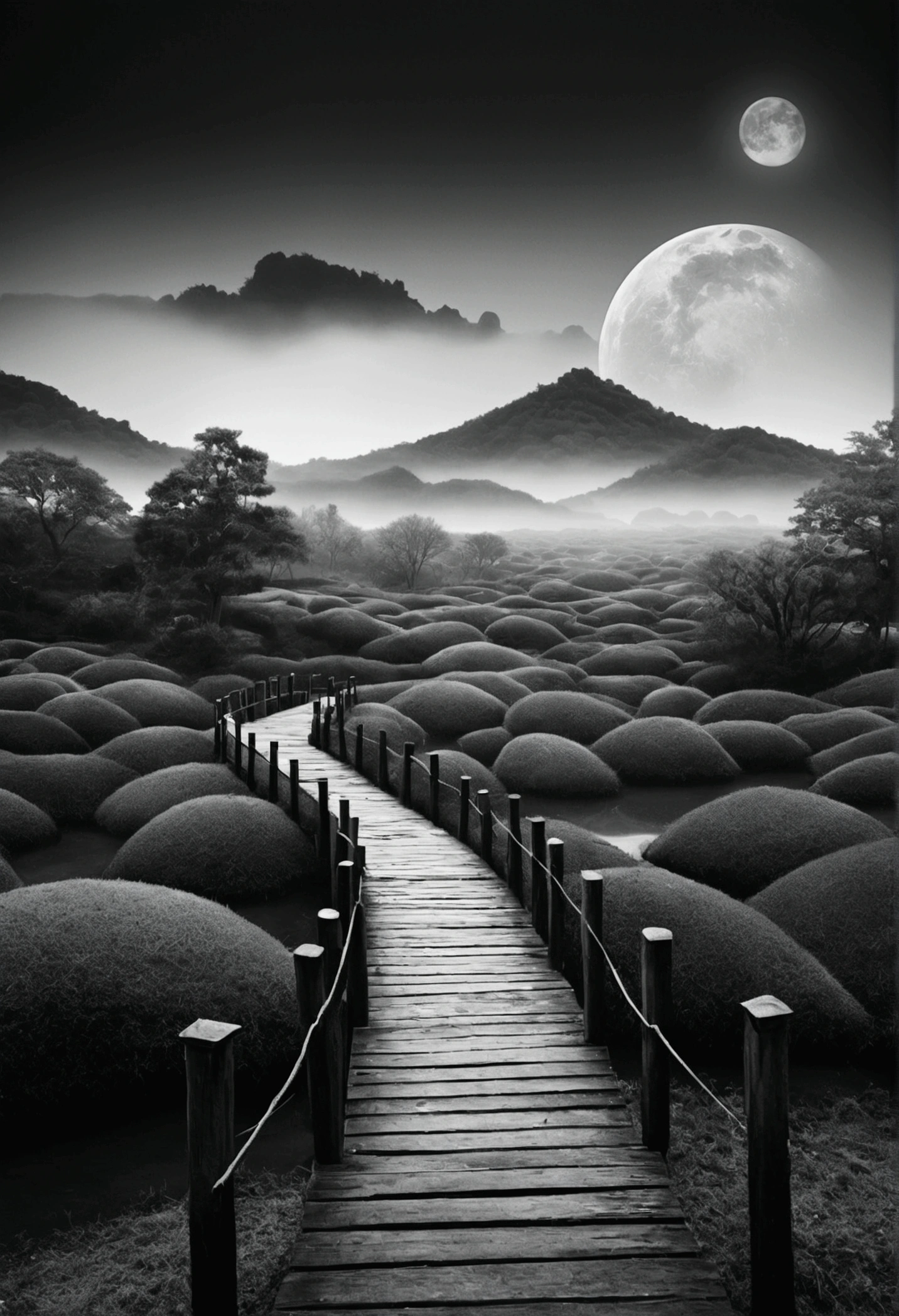 Has a vintage surreal atmosphere、Generate a photo depicting a black and white landscape。sometimes、Include mysterious and unique elements、Please express a mysterious world different from traditional landscape photography.