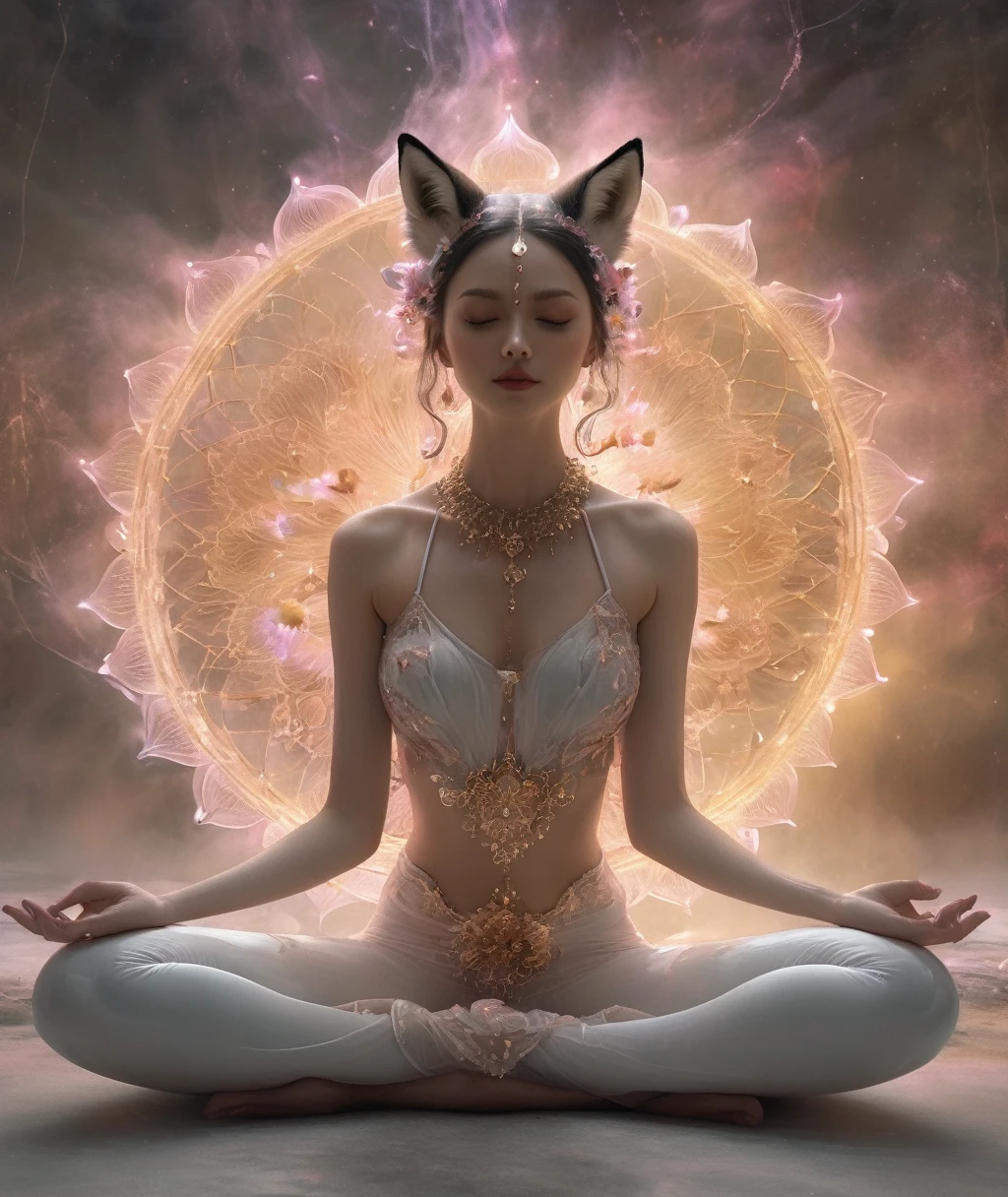 A furry cat meditates, Xiuxian style，Meditate and practice，Bachelor uniform, Universe, Dreamy, concept-art, Misty, elegant, Highly detailed, dim colors, Soothing shades of bachelor dress, (are in the center:1.4), Universe, Dreamy, concept-art, Misty, elegant, Highly detailed,，Exudes fairy air，Mythical animals，Sitting cross-legged，Frontal orientation，Ancient style， Best quality at best，Masterpiece, Best quality