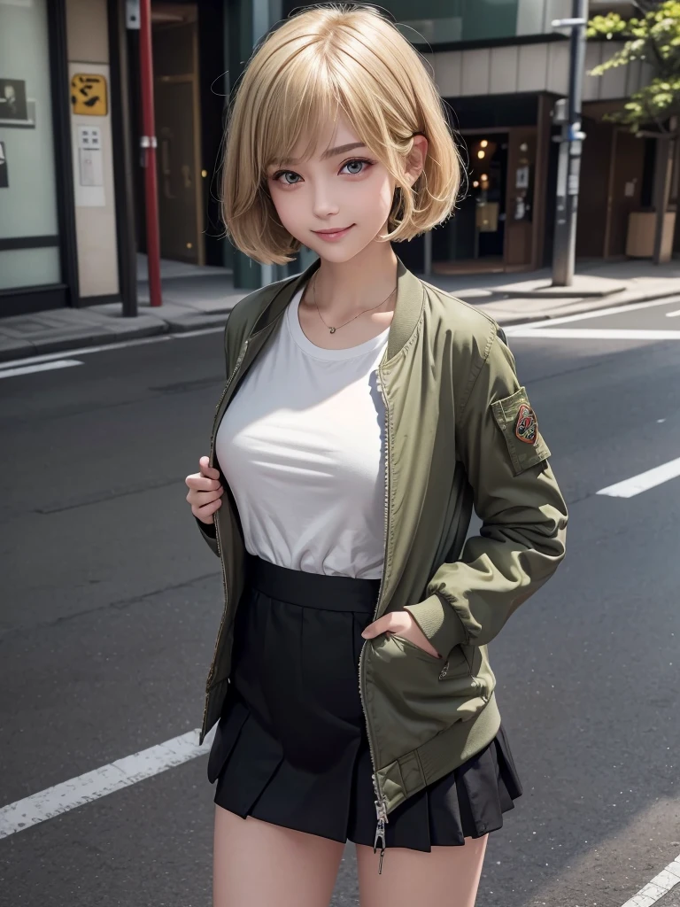 (8k, RAW Photos, Highest quality, masterpiece:1.2), (Realistic, photo-Realistic:1.4), (Highly detailed 8K wallpapers), ((Full Body Shot)), (1 girl), Sharp focus, Depth of written boundary, Cinematic lighting, Soft Light, 緻密な美しさのeye, eye_Chan, Very beautiful girl, innocent big eyes, Realistic, photo Realistic, Highly detailed cute girl, (Thin thighs), (Model body type), 18-year-old, ((Khaki flight jacket)), (T-Shirts), (Black color micro mini tight skirt), (((Fold your arms in front of your chest and act arrogantly))), ((A happy smile)), Parted lips, Watching the audience, (On the streets of Tokyo) , (Blonde),(Short Bob Hair)