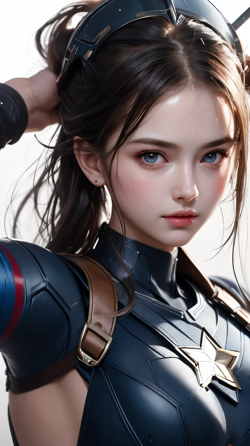 A close-up head and chest portrait of a pretty and cute girl, topless, vulgar tight , ripe , wearing captain america costume and mask helmet, wet hair, sweat skin, cute appearance. The highly detailed digital rendering captures every aspect of her beauty, from her delicate features to the intricate.