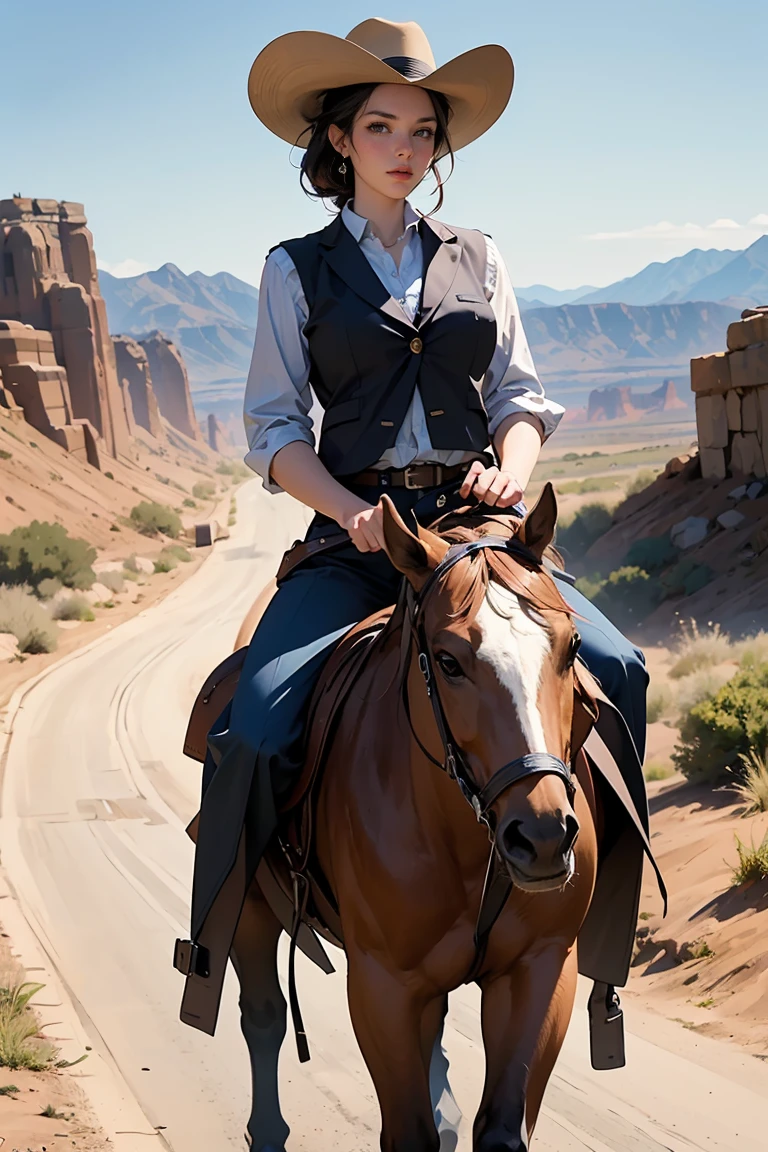 ((Masterpiece, top quality, high resolution, highly detailed CG unified 8K wallpaper)), (huge stunning goddess shot, very hot and sexy, jaw-dropping beauty, perfect proportions, beautiful body, slim body beauty:1.3), Western Cowboy, (cowboys riding horses in a desert area with a mountain in the background:1.3), (western film), western film, western, an epic western, cowboy, old west, django, style of a clint eastwood movie, cowboys, wyatt earp and doc holliday, fox, in the show westworld, spaghetti western, nbc, westworld style, in the old west, oldwest, western setting, wearing a cowboy hat, leather vest, and leather boots,