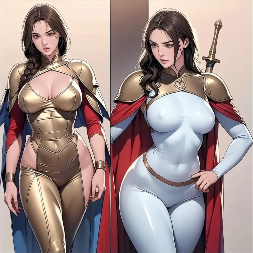 Detailed character sheet, Front view, Side view, Oblique view, with a white returnground, show women, 30 years old, with short dark brown hair combed return, 1 female warrior, Wavy Cape, long flowing hair, Swordsman Style, Light Armor, (Earth-toned long leggings), Slim figure, Toned thighs, Tight round ass, Low angle shot, From below, The seat includes different angles, Front desk etc.., return, and Side views, Model and Reference Sheets, Full body painting. The ratio is based on 7.5 Head Scale.