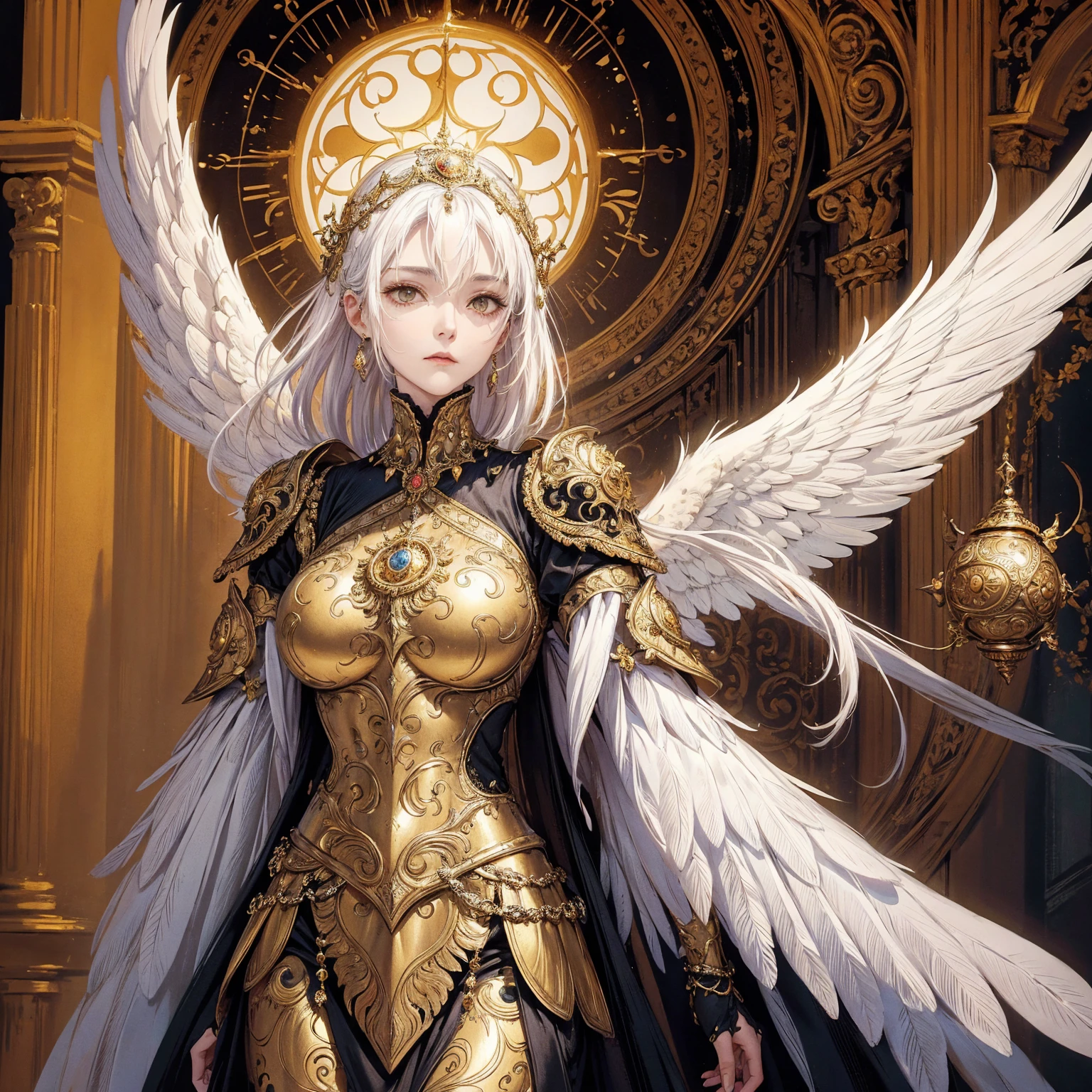 Art of elderly mature woman wearing sun crown, wearing ornate breastplate that exposes a small amount of skin above the chest, wearing golden long dress, two armored angelic wings of extremely huge size are spreading out behind the woman, ancient goddess art, Sacredness. Very detailed, Mysterious inspiration, Inspiration from the Sun God, Religious inspiration, Cold and snobbish face, No smile, Dangerous impersonal expressions, White hair, Standing, Full body portrait, Gothic art style, Weird art style, Occult art