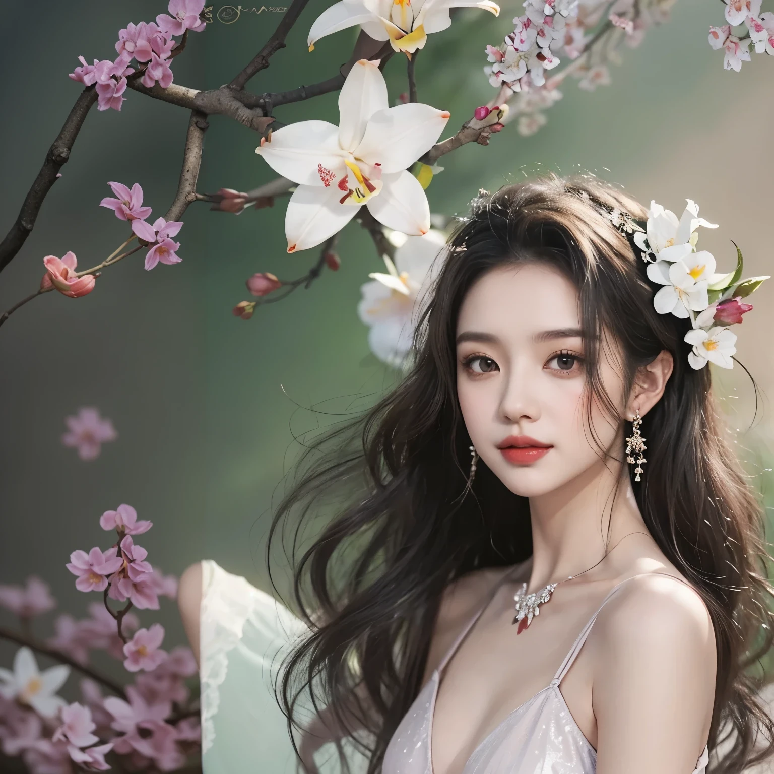 set,navel, ((cowboy shoot)), Red lipstick, mature woman, cosmetics, realistic、Real photos、((As a matter of fact:1.5))、There were white Phalaenopsis around me.，lilac orchid、White lily、1 woman、brown hair、floating hair、Plump breasts, Slim shape, charming legs, Smile hard, elegant poses, has a very beautiful face、Hairpin on the head、perfect hand、(nighttime、moon、cliff)、 vector art、Chinese contemporary art、gentle light、looking down