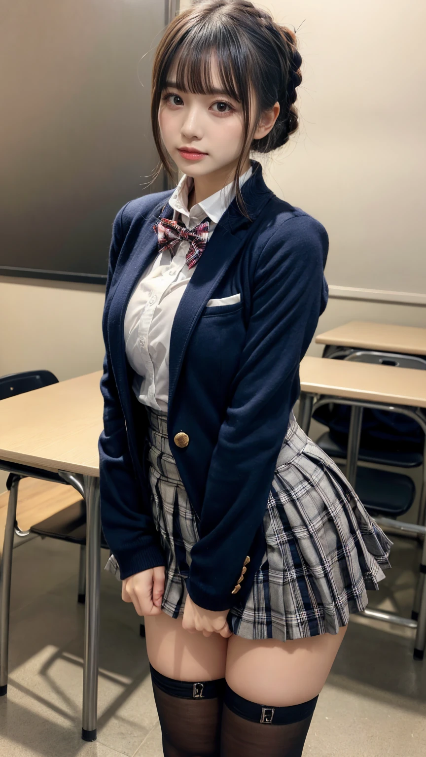 masterpiece, best quality, illustration, Super detailed, fine details, High resolution, 8K,wall paper, perfect dynamic composition,(Details High quality, realistic depiction of eyes:1.3), from side, High School Classroom、High school girl uniform、blazer 、Super Short Check Uniform Skirt、Navy blue high socks、garterbelts、plump breasts, Disturbed uniform,  (updo:1.2), black hair color, large breasts, Big Natural Color Lip, bold sexy pose, (perfect body shape), crying a little、20 year old girl、cute type, beautiful legs, hposing Gravure Idol, Voluptuous thighs