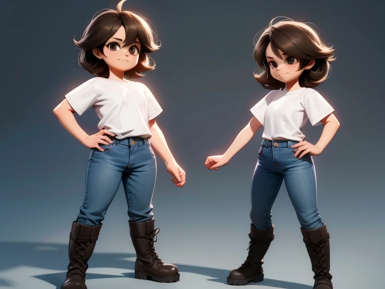 2 joyful people(1 guy and 1 girl), Brother and sister, Love, friendship, chubby, Brown eyes, very shaggy, tousled brown hair, White shirt and jeans, lace-up boots; whole body, Realistic skin, Realistic eyes, Same height, same appearance, different emotions, interaction, modern, High quality textures, very detailed, Anatomical Realism of Hands, Fantastic cutie, Funny, IP design, Clean 3D rendering of bright backgrounds, OC rendering, 8 K, мягкий focus, Ultra-Thin Glossy Detail --Air 3:6 50 --q 2 --niji 5 --expressive style --s 2