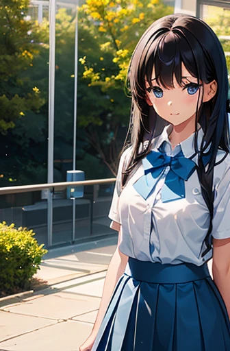 girl, student, , Wearing a uniform, Light blue skirt, Long skirt, small bow, small bow, garden, nature, nature garden, anime, anime movie、Big Breasts、Long black hair