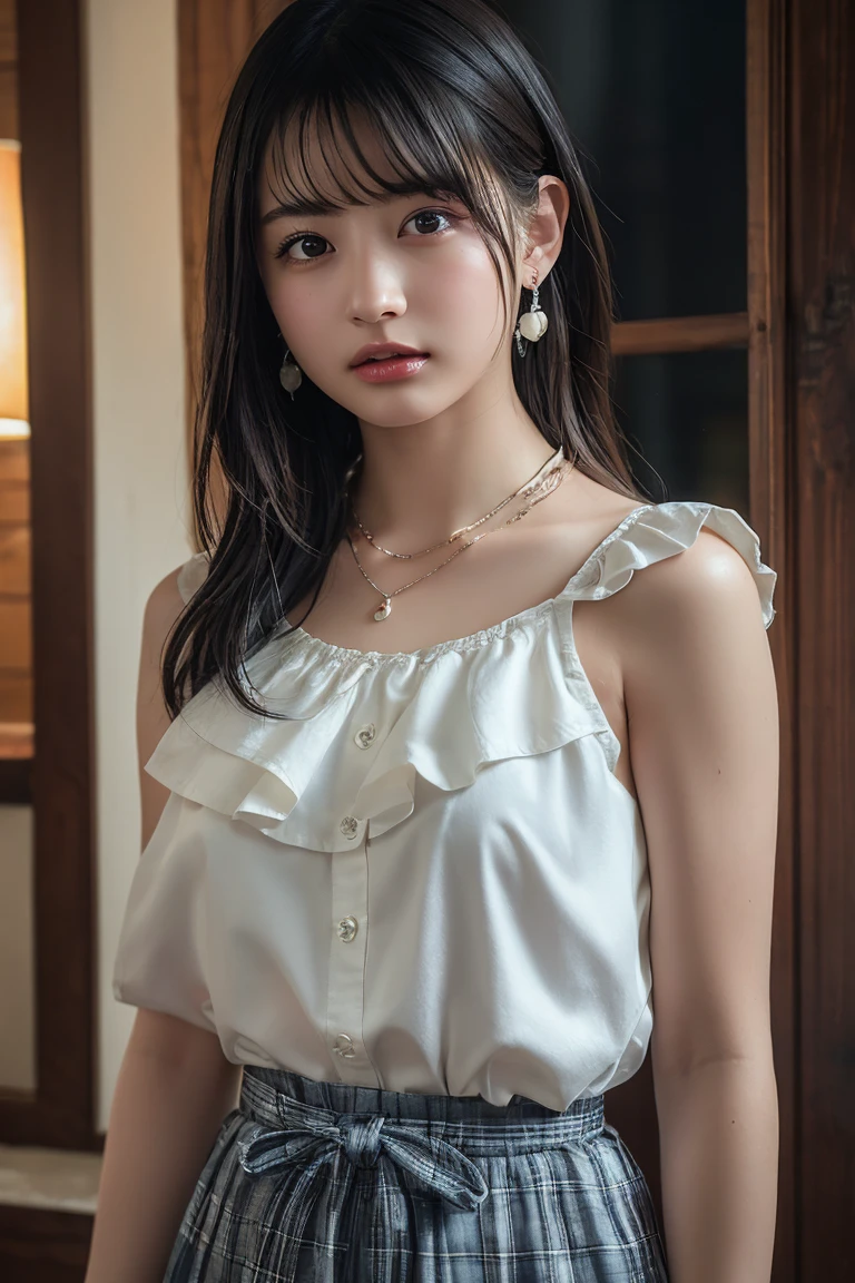 (Highest quality:1.4),(masterpiece:1.4),(Realistic:1.4),(Realistic:1.2),(超High resolution, RAW Photos:1.4),(High resolution, Ultra-detailed:1.2),(8k:1.2),View your viewers,Cinematic photography,One girl,skeletally correct,Black-haired woman,Woman in her early 20s,(Small earrings,necklace,Floral sleeveless top with ruffles on the shoulders、Long skirt),(Western-style building interior,Dimly lit room,The lamplight shines on my cheeks)