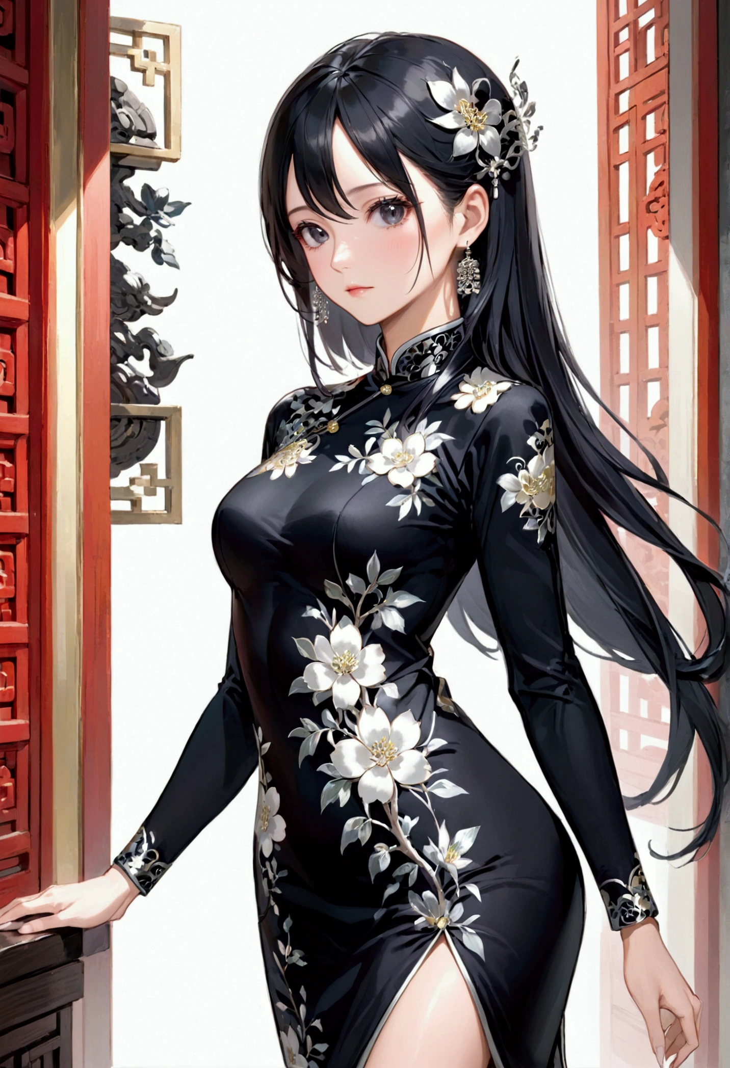 Mature Girl with long black hair with silver highlight, dark onyx eyes,tall rectangular body figure, cheongsam