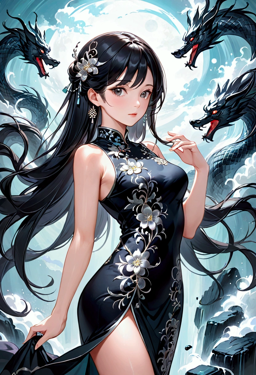 Mature Girl with long black hair with silver highlight, dark onyx eyes,tall rectangular body figure, cheongsam