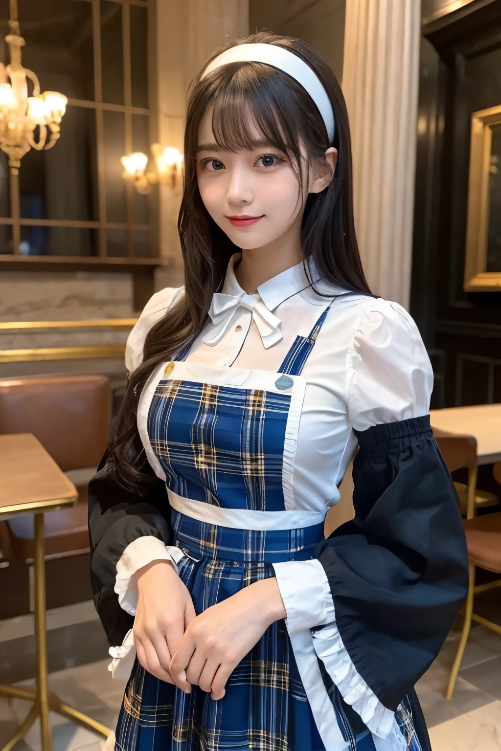 Detailed image of a young female character standing in a grand hall lined with marble columns。She has short, wavy blue hair、Has side fringe、Adorned with a white frilly headband and blue ribbon。Big blue eyes are kind、He has a slightly sad expression、There is a slight redness on the cheeks。She is wearing a classic maid outfit.、In a black puff sleeve dress、White apron with lace trim、And a blue ribbon on the neckline.。The apron has gold teardrop decorations.、It is secured by a thin gold chain。She is holding the skirt of her dress with one hand、It is lifted a little、Her other hand is delicately placed to touch the ribbon on her chest.。In the background there is a blurred white decorative building.、The soft, indirect lighting creates a calm and elegant atmosphere.。smile、Large Breasts、Red plaid apron、Colorful hair colors、