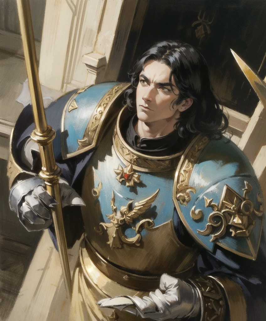 Close-up, textured leather, oil painting, impressionism, The Emperor of Mankind, Regal (warrior:1.2), Detailed beautiful face, hypermasculine, strong jawline, sparkling eyes, long black hair, (proud:1.2), detailed symmetrical eyes, glowing yellow eyes, detailed realistic skin. wear golden armor, armored gloves, mittens, Laurel wreath, Golden aura, e.g, confusingly detailed, broad shoulders, slim waist, dynamic pose, (above the handle:1.4), (claw \(weapon\):1.3),
in room, Gothic Hall, Throne room, (Warhammer 40k:1.2), (Sunbeam:1.2), rays of light, Sunbeam, dim lighting, Dark, heavy shadow, (extremely detailed, 8 K), high detail, dramatic, dynamic composition, Accent lighting, epic, metal reflections, depth of field,
golden ratio composition, Rule of thirds, (masterpiece, absurdity, high quality, a high resolution, Best quality:1.3),