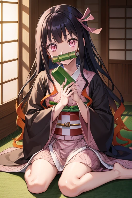 Nezu furnace, nezuko kamado, bamboo, (bit gag:1.5), Black Hair, (amount:1.5), gag, Gagged, Hair Ribbon, Long Hair, Multicolored Hair, (Pink Eyes:1.5), Orange Hair, elongated pupils, Wavy Hair, Two-tone hair,
To defeat Asa (pattern), Checkered sash, Haori, generally, kimono, Long sleeve, heart, ピンクのkimono, sash, wariza,  Wide sleeves,
break looking at viewer,
Indoor rest,
break (Tabletop:1.2), Highest quality, High resolution, unity 8k wallpaper, (figure:0.8), (Beautiful attention to detail:1.6), Highly detailed face, Perfect lighting, Highly detailed CG, (Perfect hands, Perfect Anatomy),retreat,