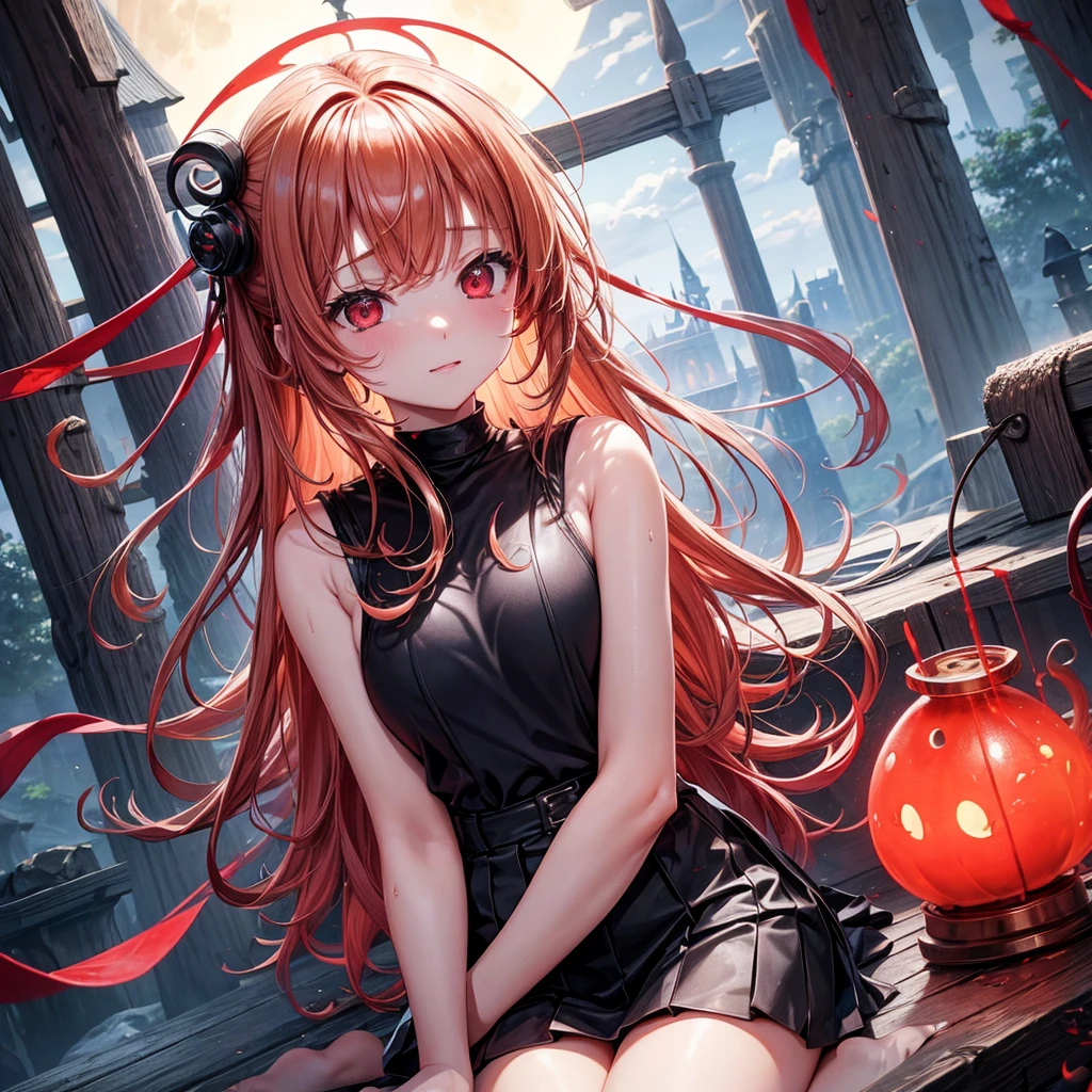 Red-blonde、Red eyes、One cute girl、solo、And soul、Light clothing、Checked mini skirt、petal、Wet hair、Sit on、black t-shirts、large tree、cloud、full moon、monster castle、lanthanum、Hell's Gate、Craft Gatekeeper、barefoot、Stones are piled up、Teeth are visible、Secret Treasure、Wooden chair、Wooden fence、The marbles are rolling