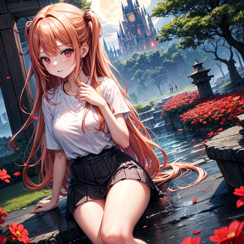 Red-blonde、Red eyes、One cute girl、solo、And soul、Light clothing、Checked mini skirt、petal、Wet hair、Sit on、black t-shirts、large tree、cloud、full moon、monster castle、lanthanum、Hell's Gate、Craft Gatekeeper、barefoot、Stones are piled up、Teeth are visible、Secret Treasure、Wooden chair、Wooden fence、The marbles are rolling